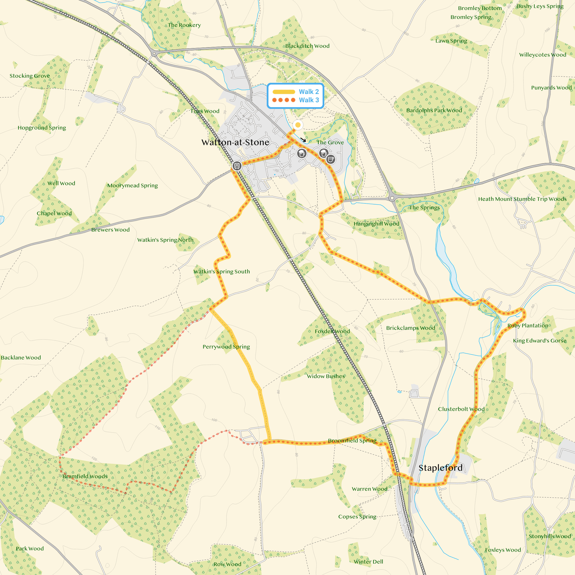 Route map for Watton at Stone Walk 2, a 5.25 mile circular walk in Hertfordshire