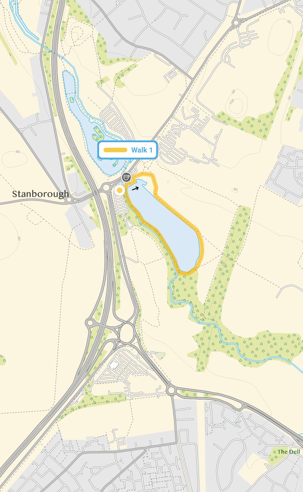 Route map for Welwyn Garden City Walk 1, a 1 mile circular walk in Hertfordshire