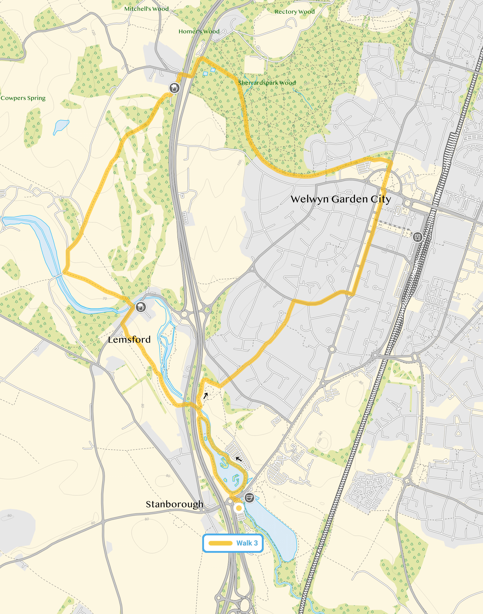 Route map for Welwyn Garden City Walk 3, a 6 mile circular walk in Hertfordshire