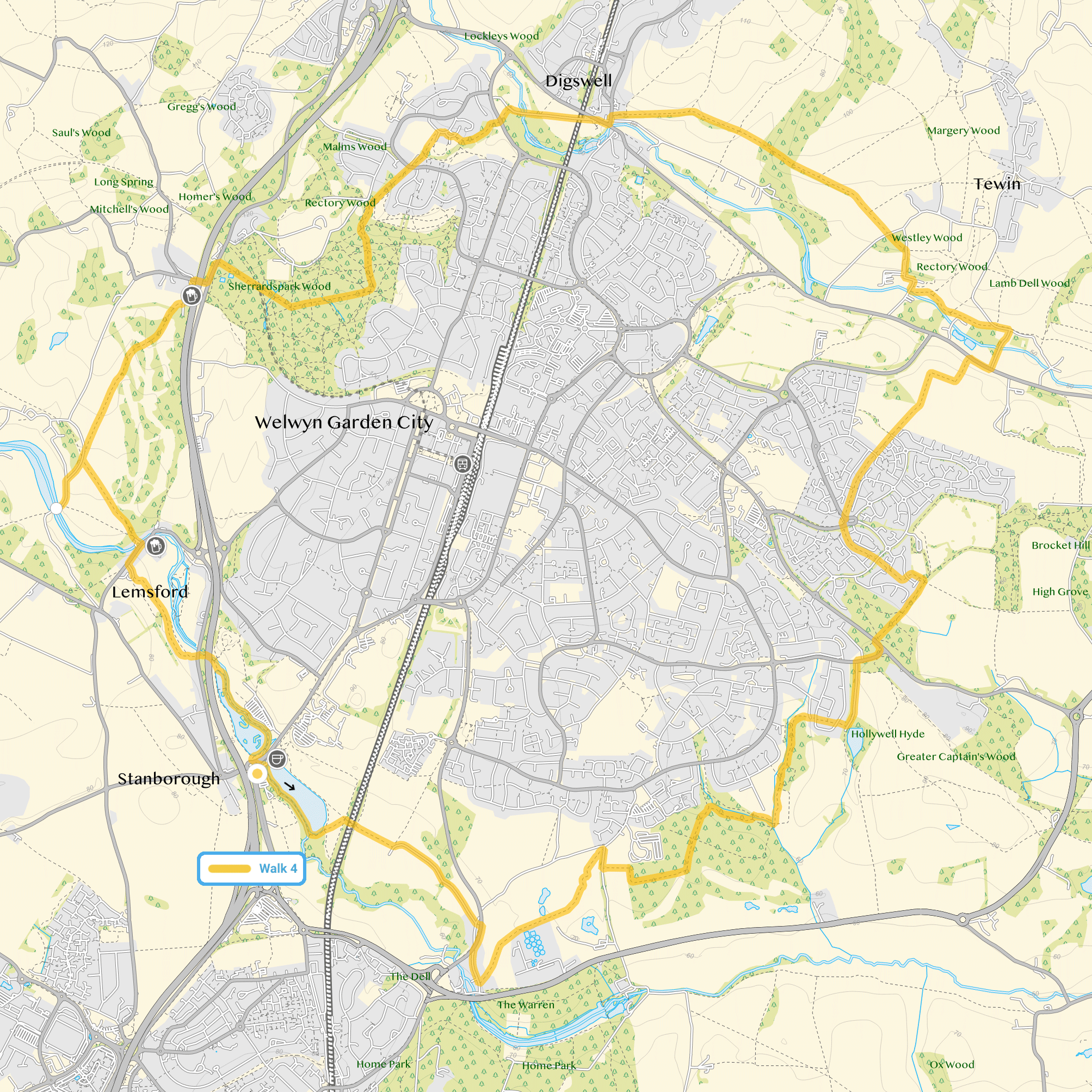 Route map for Welwyn Garden City Walk 4, a 12.5 mile circular walk in Hertfordshire