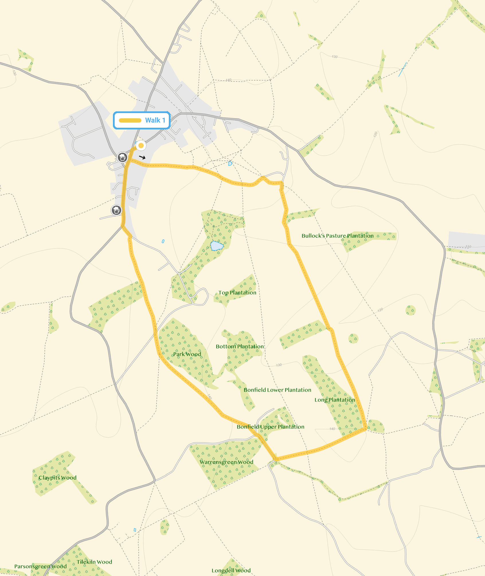 Route map for Weston Walk 1, a 3 mile circular walk in Hertfordshire