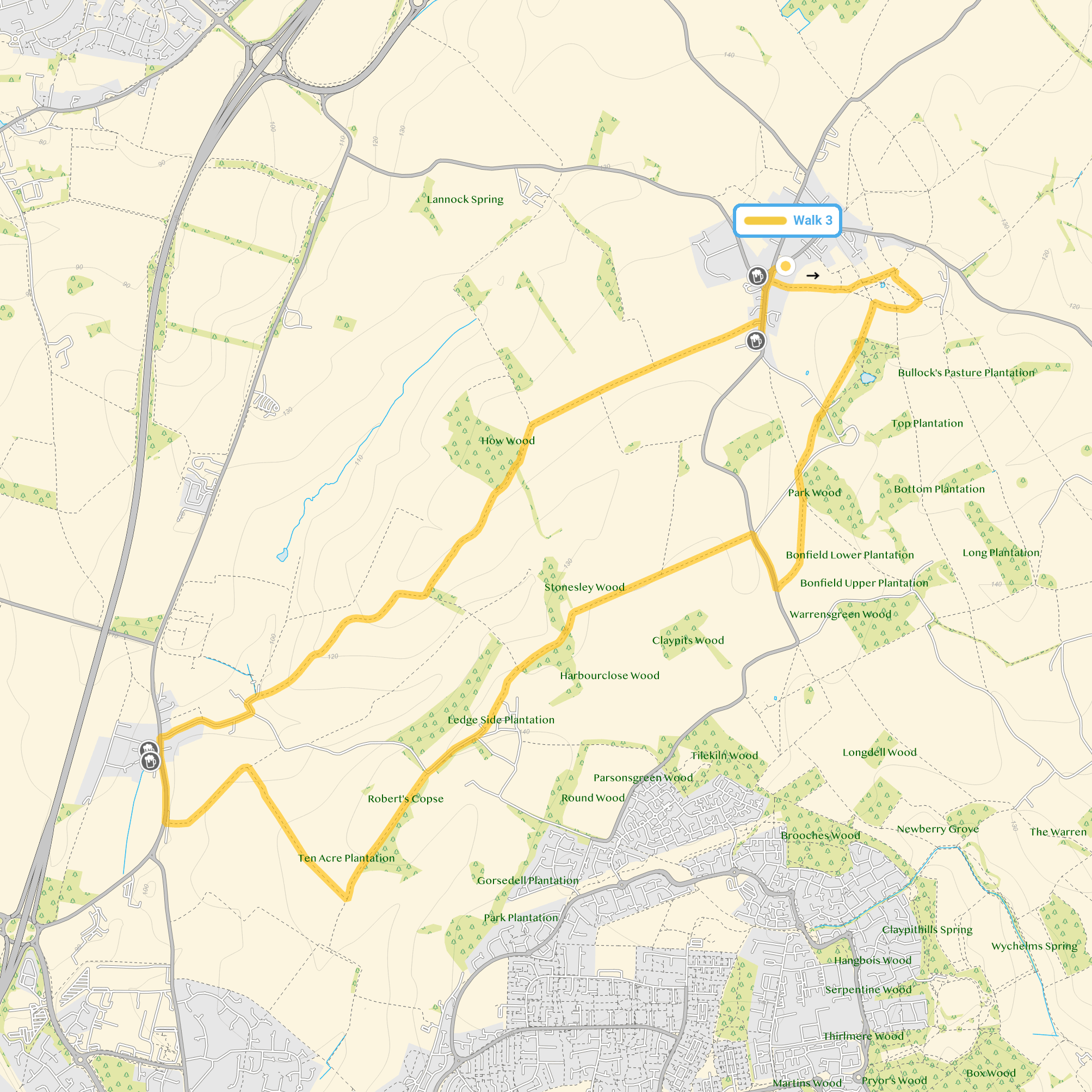 Route map for Weston Walk 3, a 7 mile circular walk in Hertfordshire