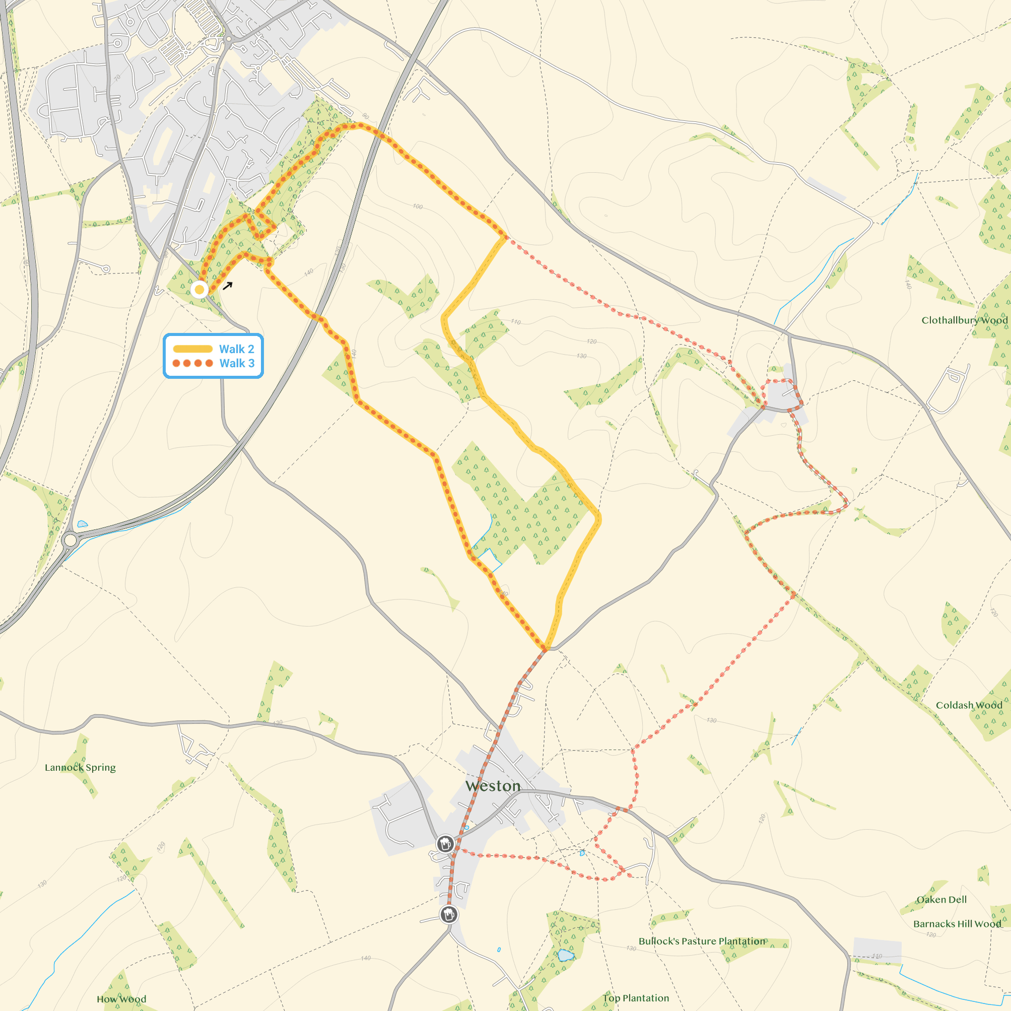Route map for Weston Hills Walk 2, a 4 mile circular walk in Hertfordshire