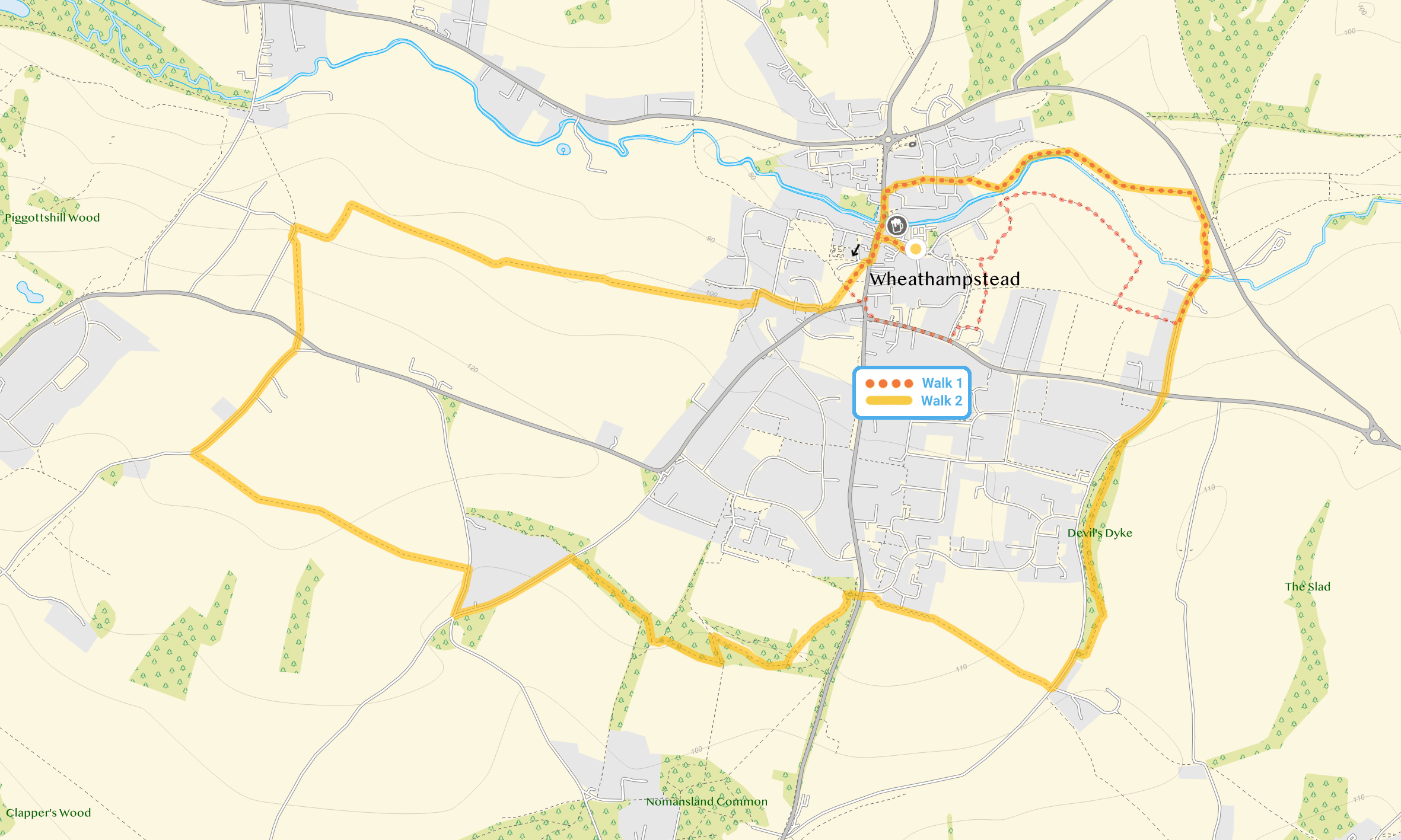 Route map for Wheathampstead Walk 1, a 2 mile circular walk in Hertfordshire