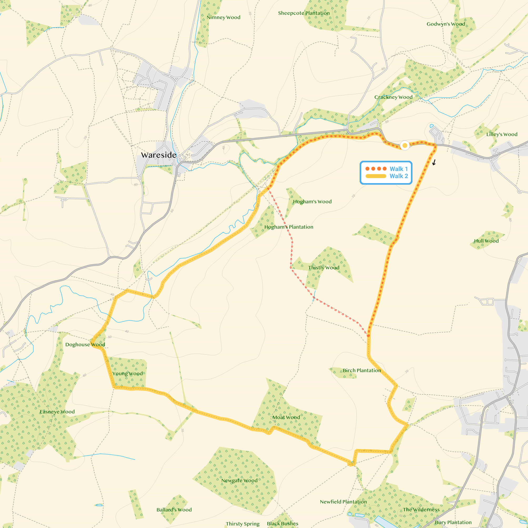 Route map for Widford Walk 1, a 2.5 mile circular walk in Hertfordshire
