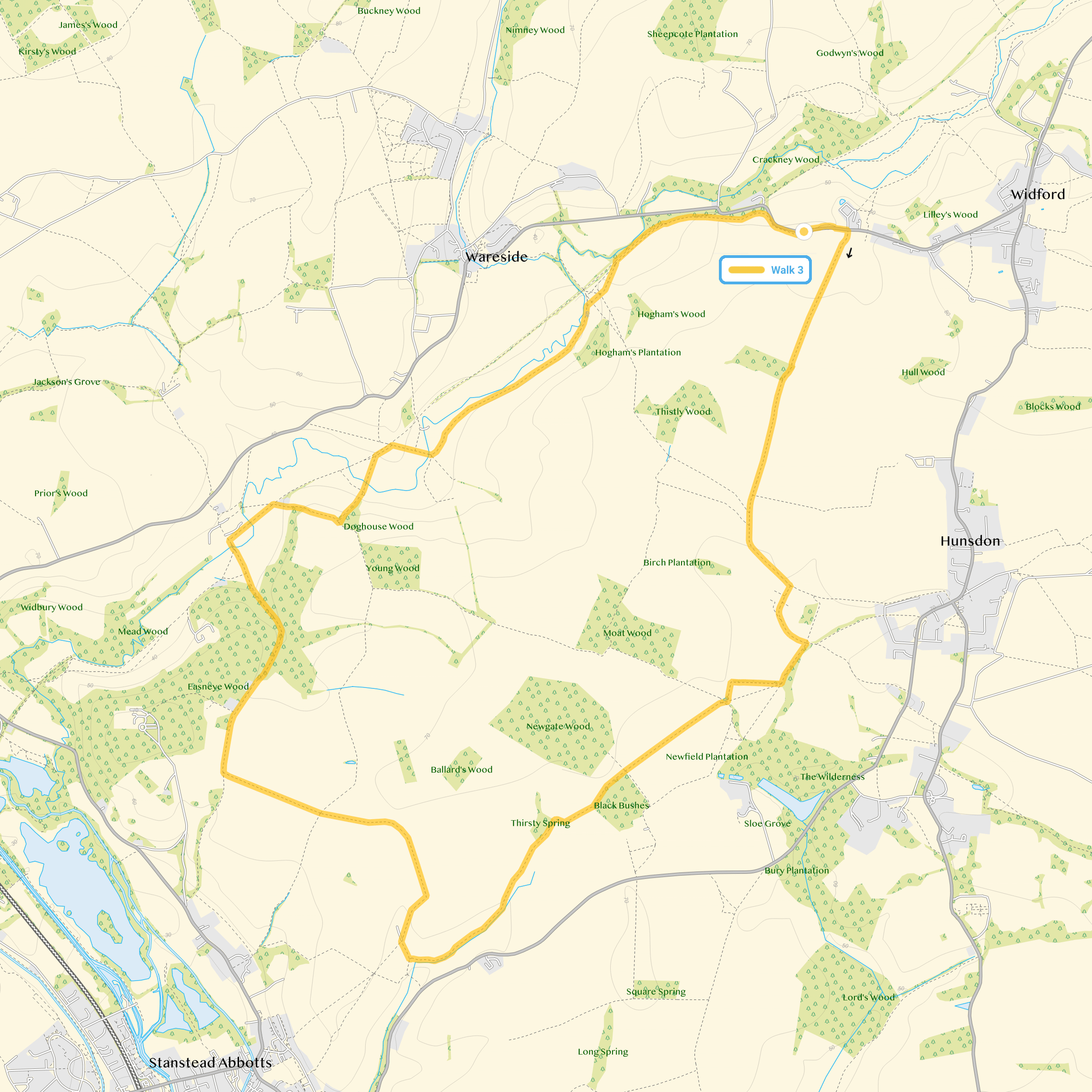 Route map for Widford Walk 3, a 6.75 mile circular walk in Hertfordshire
