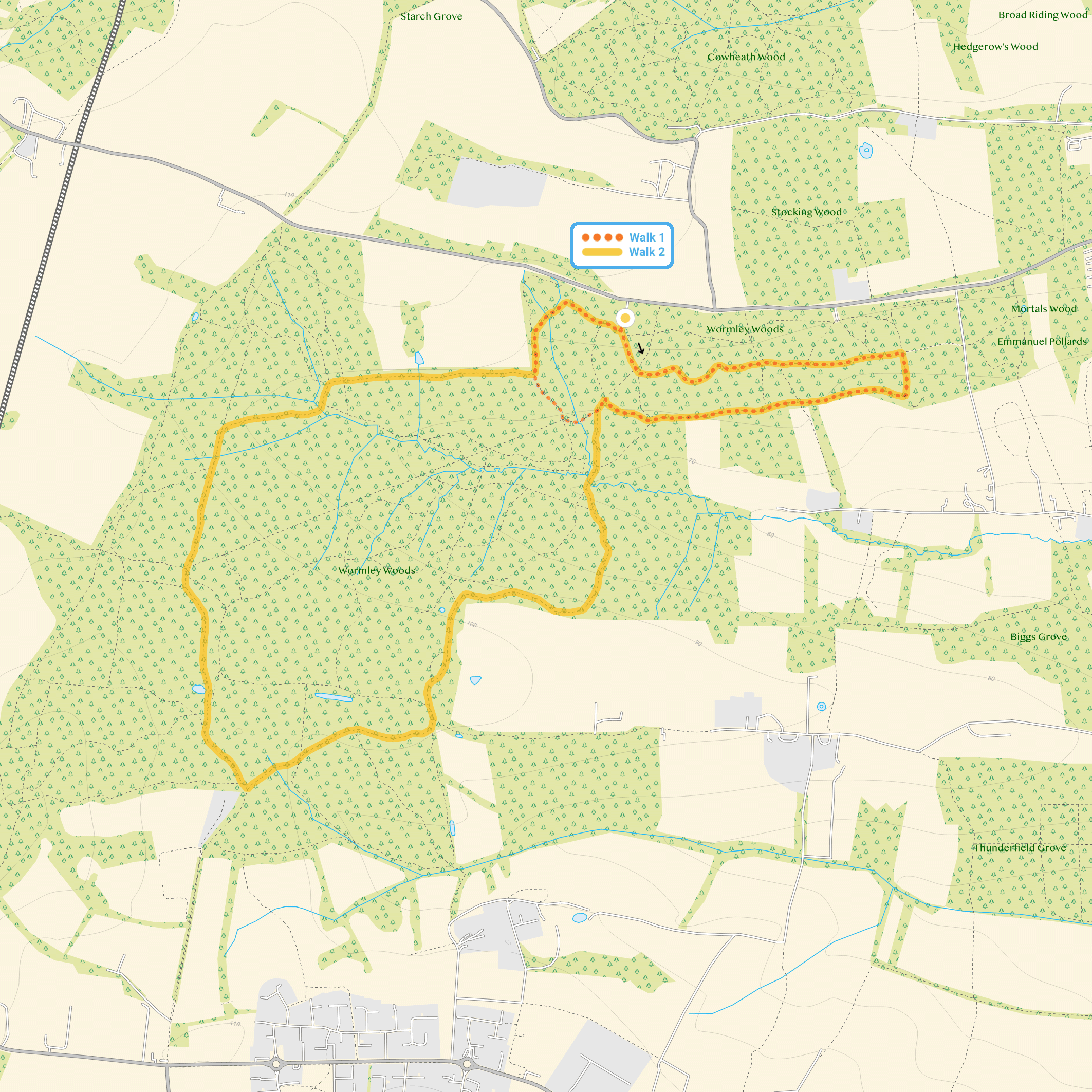 Route map for Wormley Woods Walk 1, a 1.5 mile circular walk in Hertfordshire