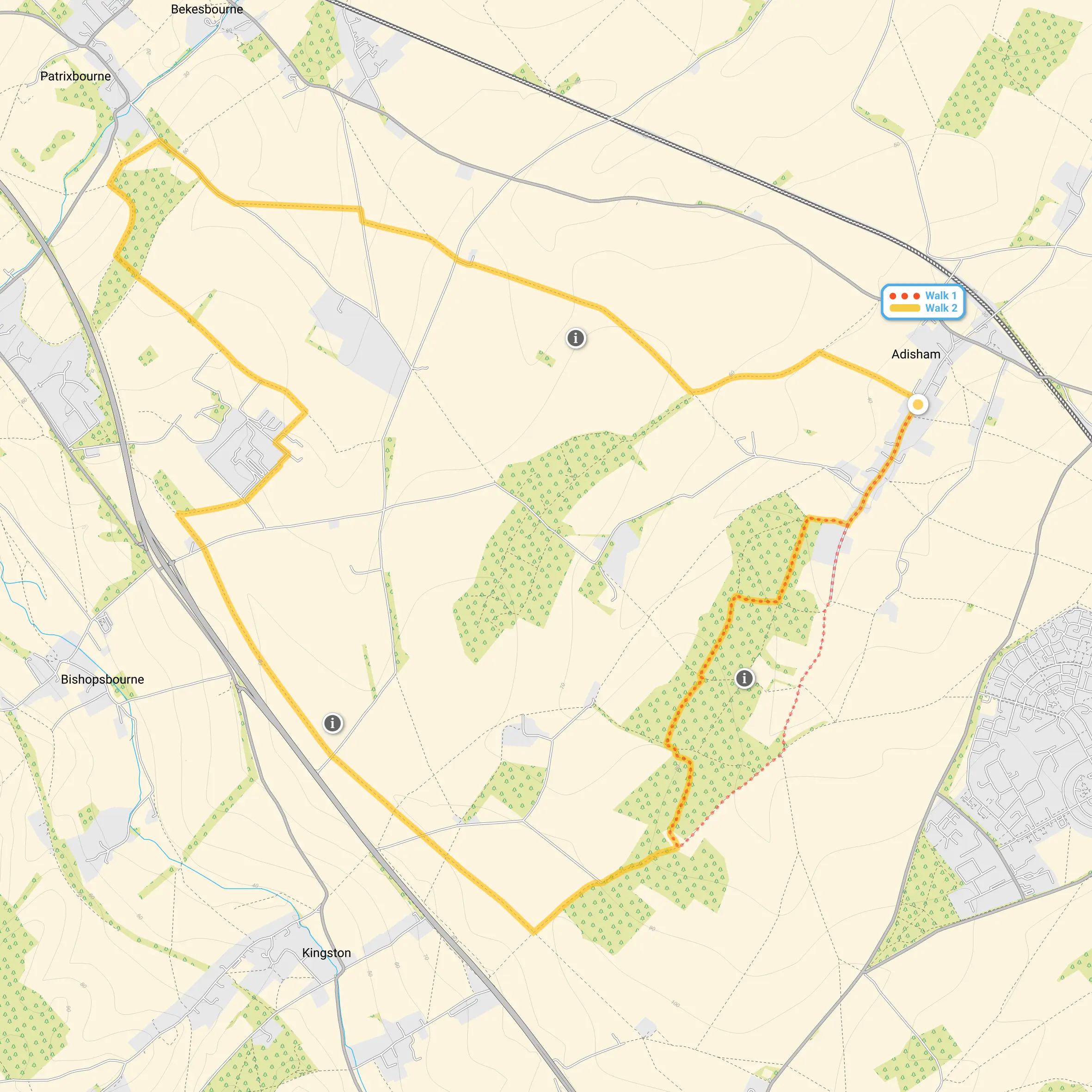 Route map for Adisham Walk 1, a 3.25 mile circular walk in Kent
