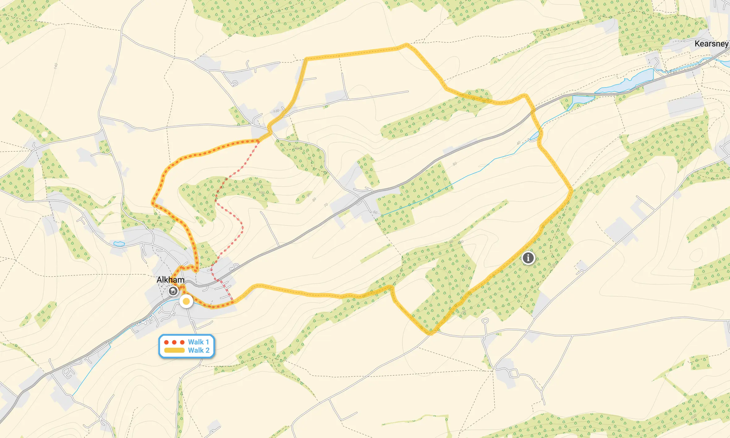 Route map for Alkham Walk 1, a 2 mile circular walk in Kent