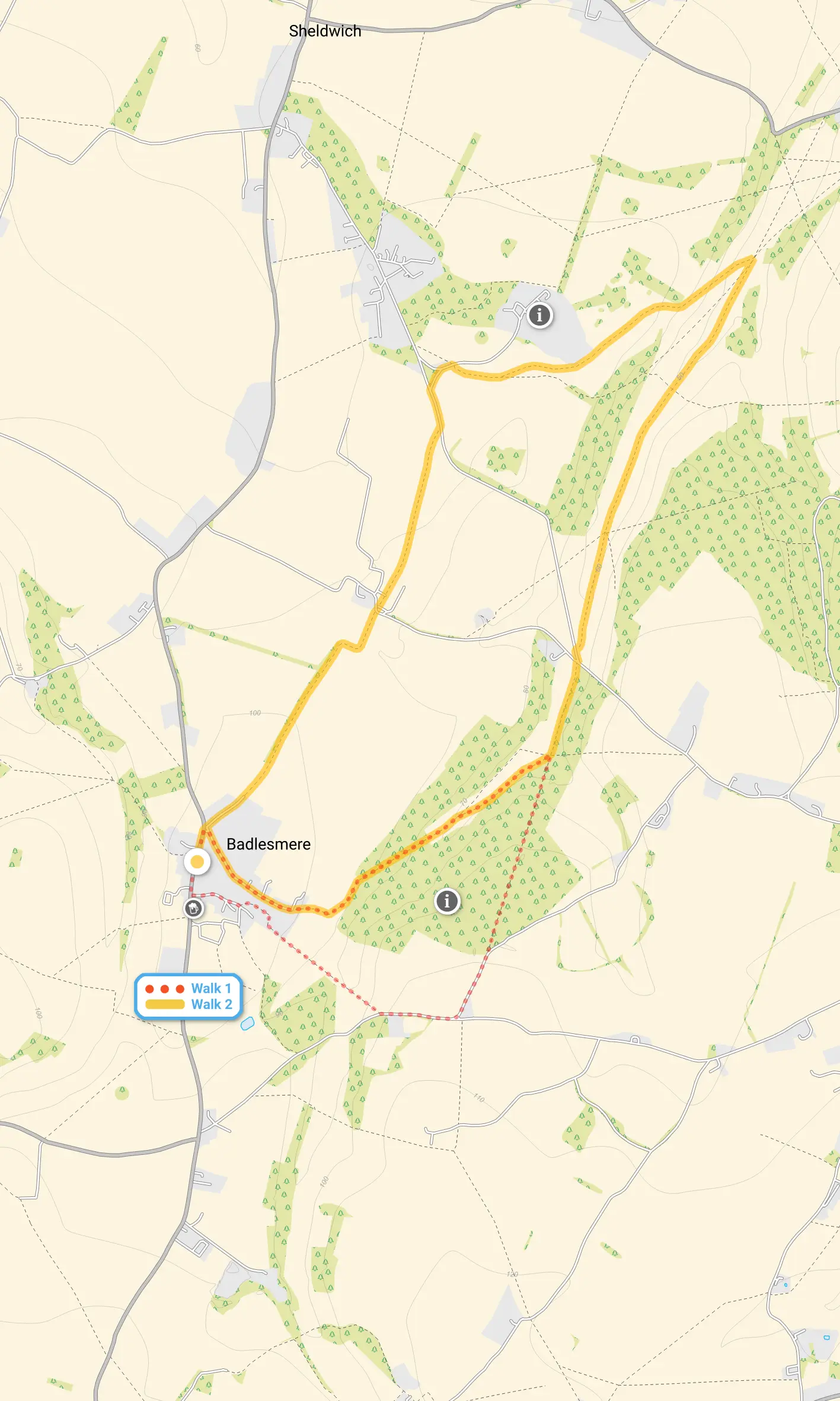 Route map for Badlesmere Walk 1, a 2.5 mile circular walk in Kent