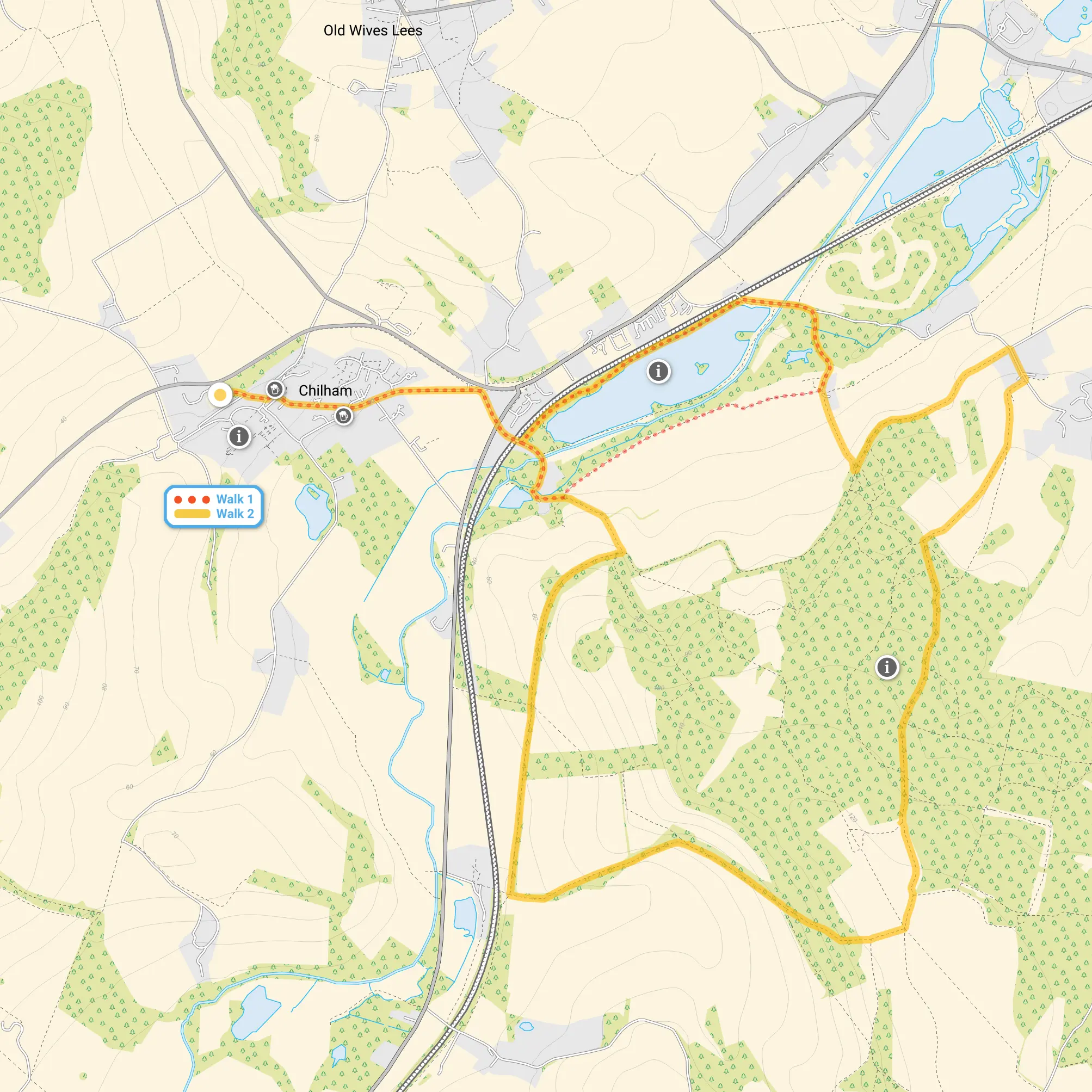 Route map for Chilham Walk 1, a 3 mile circular walk in Kent
