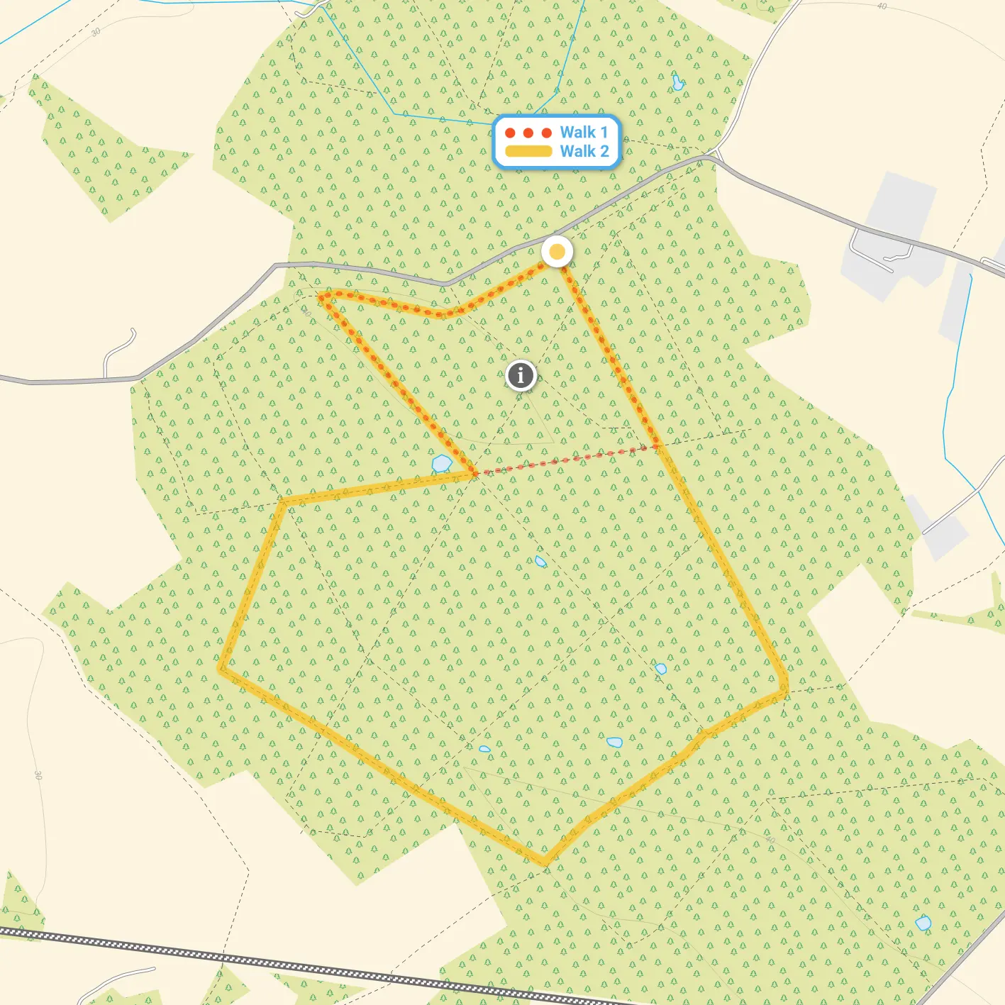 Route map for Dering Woods Walk 1, a 1 mile circular walk in Kent