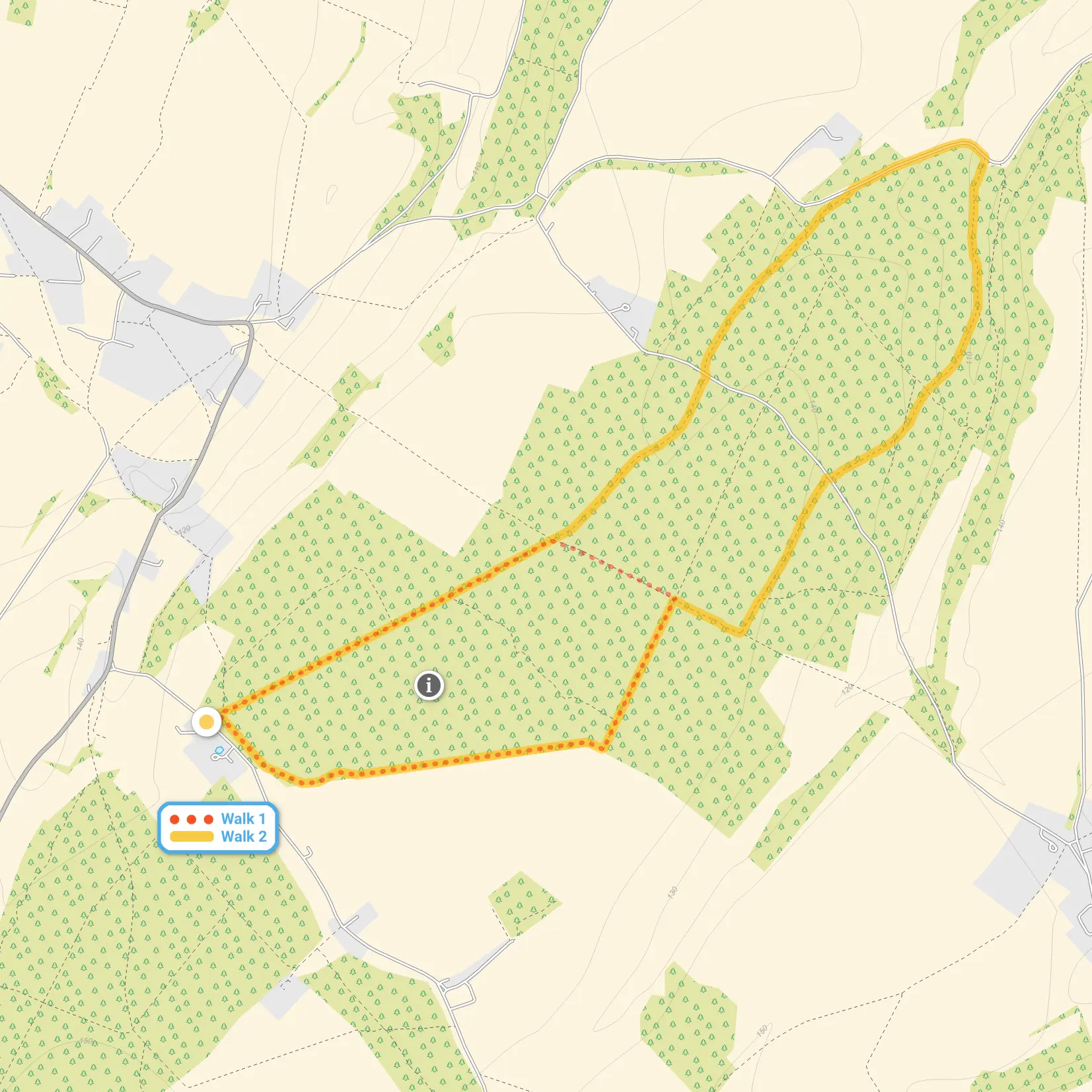 Route map for Elhampark Wood Walk 1, a 1.5 mile circular walk in Kent