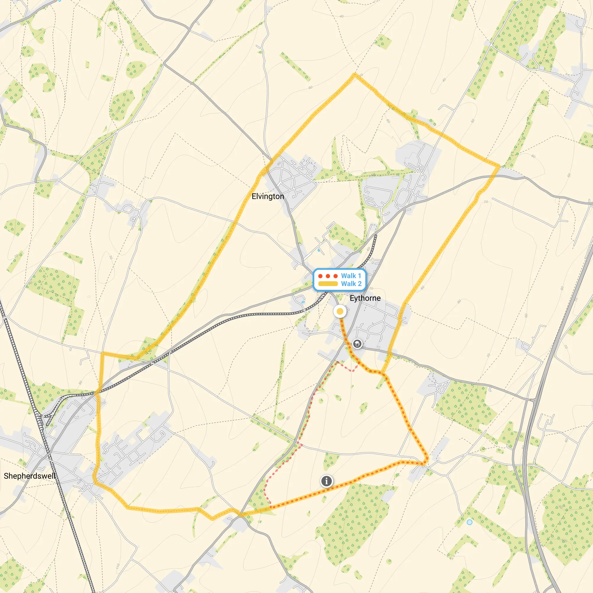 Route map for Eythorne Walk 1, a 3.25 mile circular walk in Kent