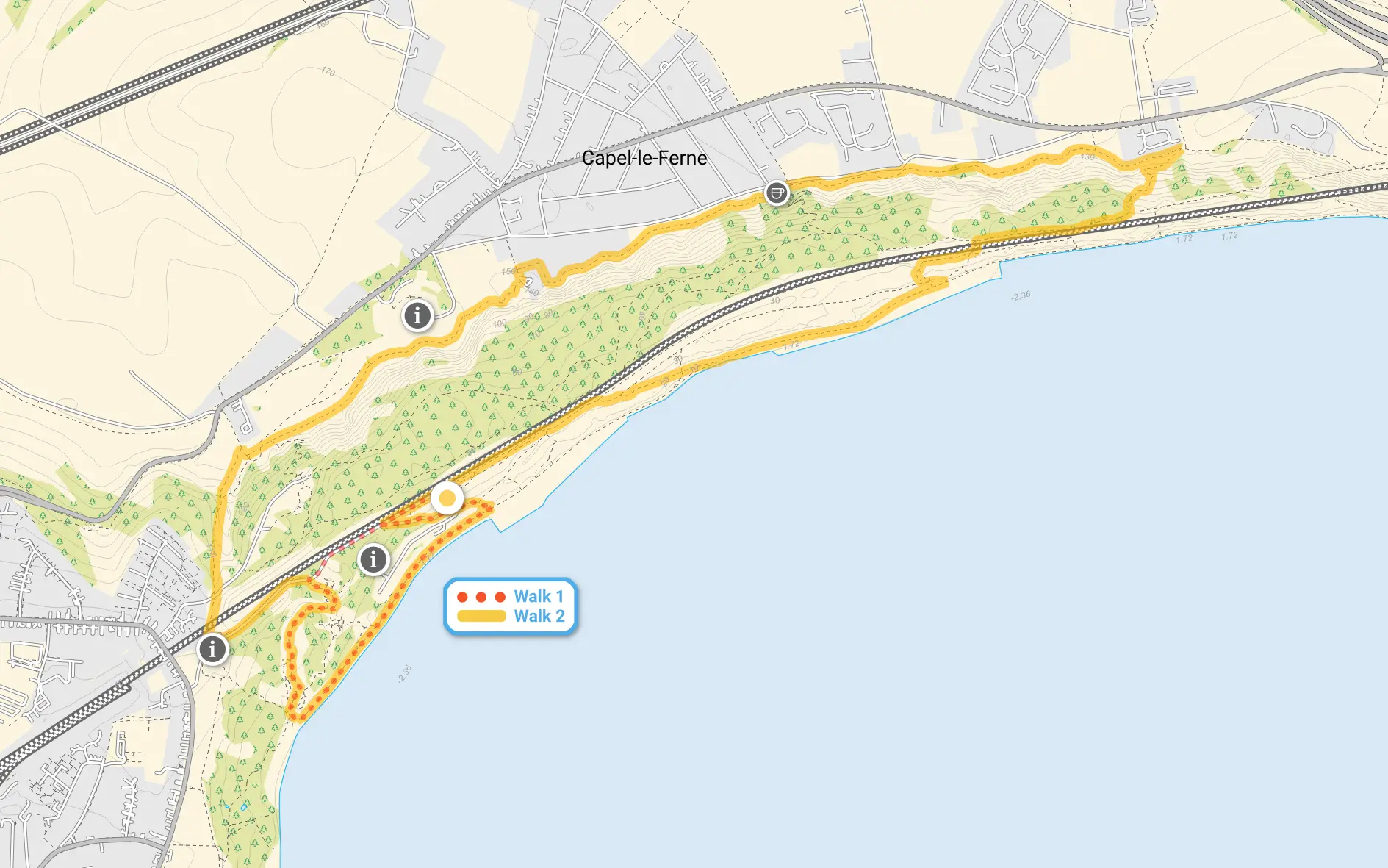Route map for Folkestone Warren Walk 1, a 1.25 mile circular walk in Kent