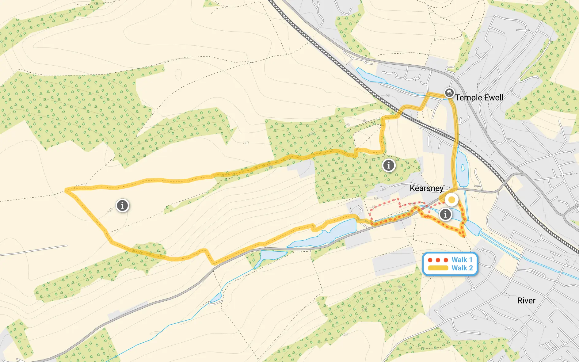 Route map for Kearsney Abbey Walk 1, a 1 mile circular walk in Kent