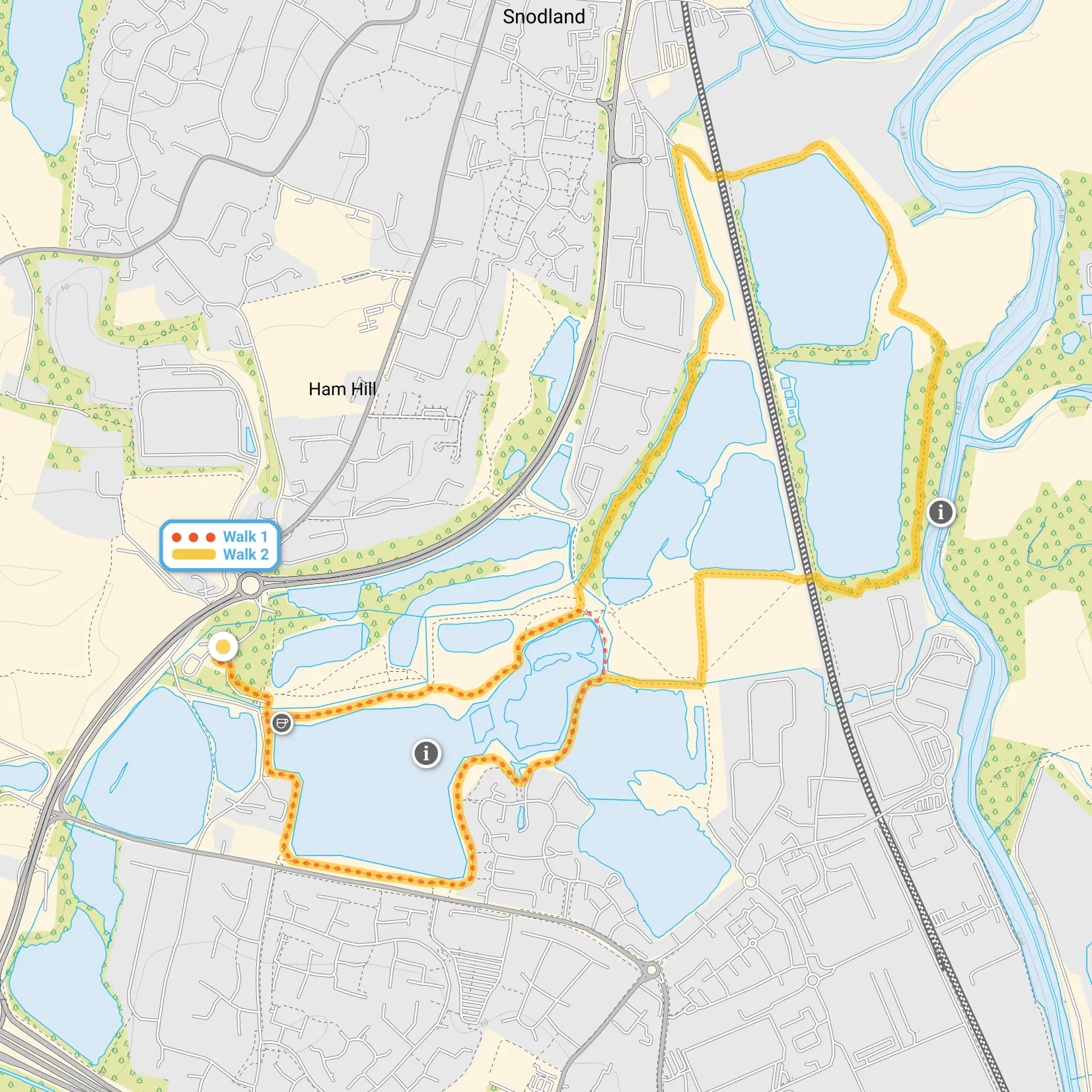 Route map for Leybourne Lakes Walk 1, a 1.75 mile circular walk in Kent