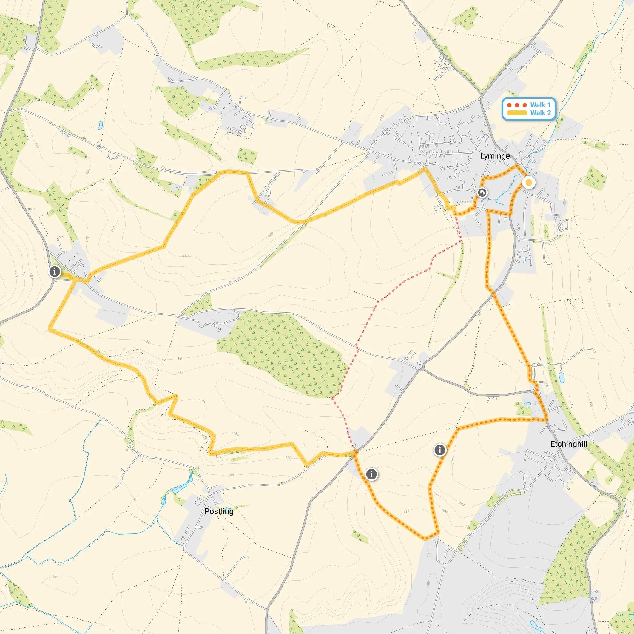 Route map for Lyminge Walk 1, a 4 mile circular walk in Kent