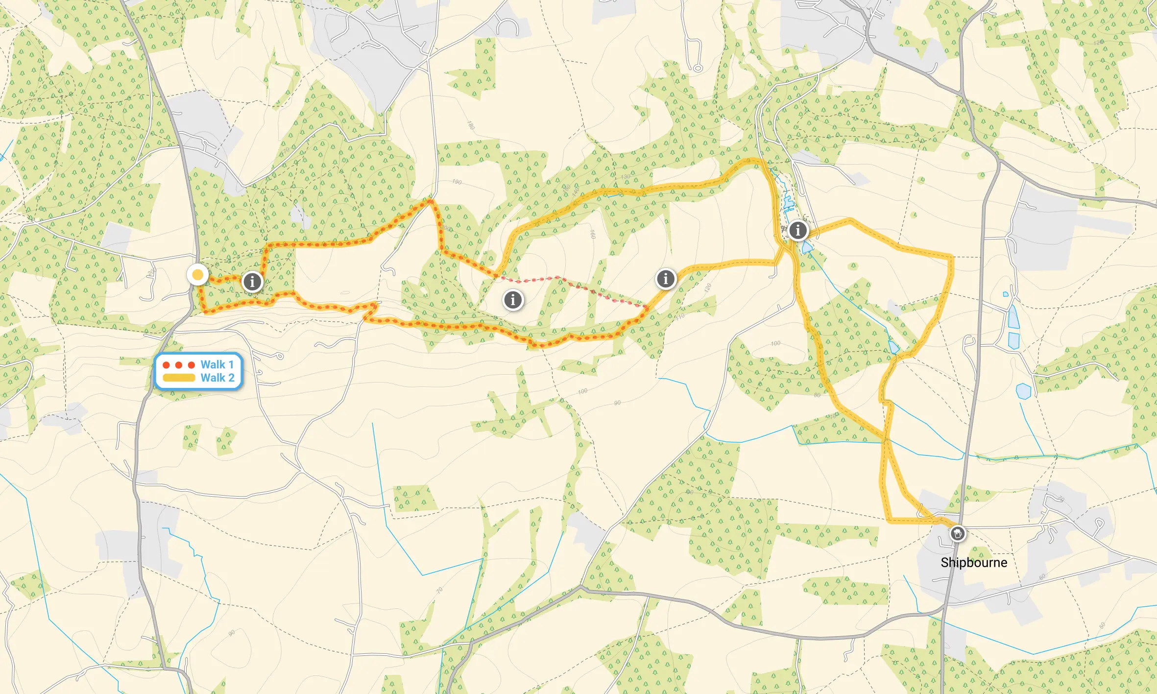 Route map for One Tree Hill Walk 1, a 3 mile circular walk in Kent