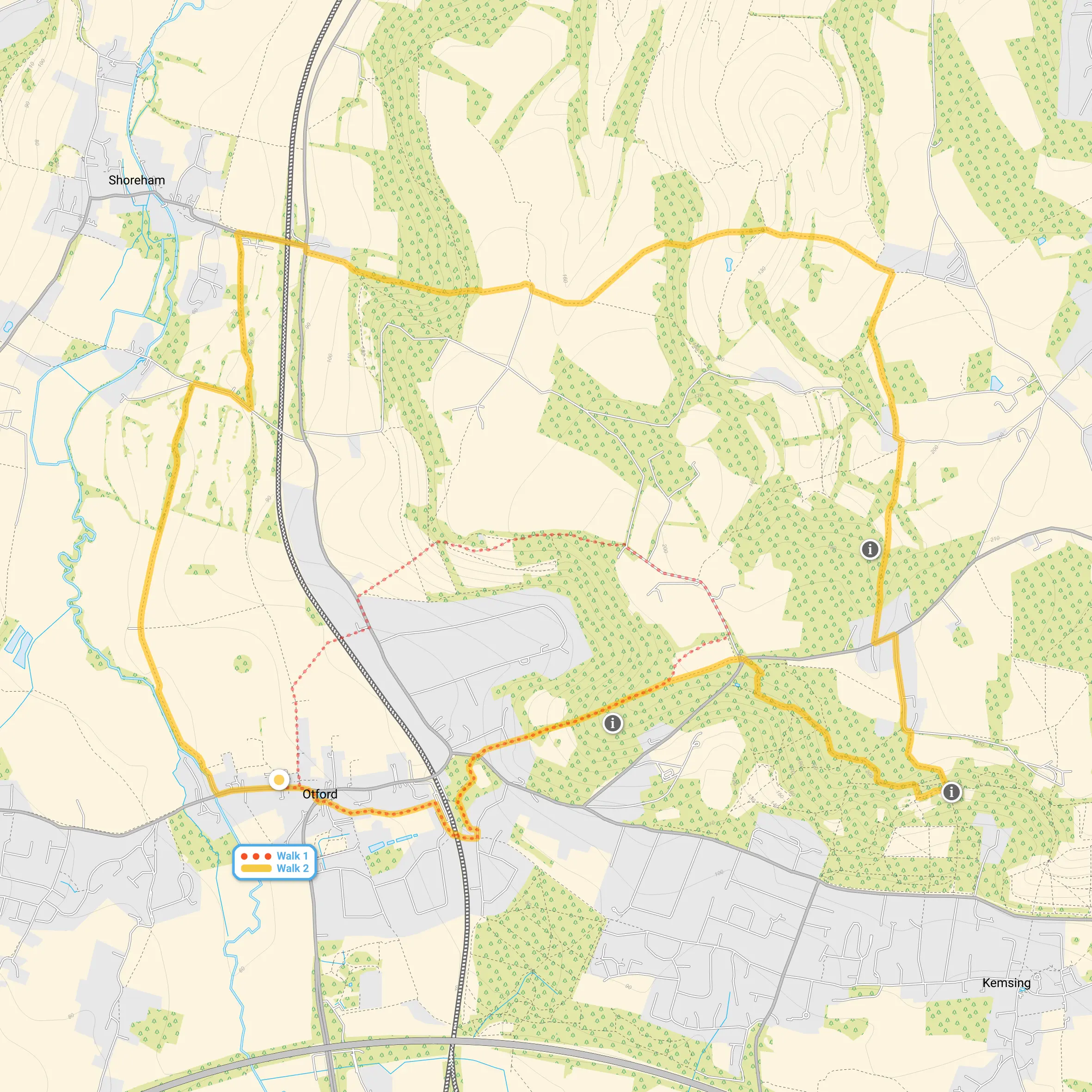 Route map for Otford Walk 1, a 3.25 mile circular walk in Kent
