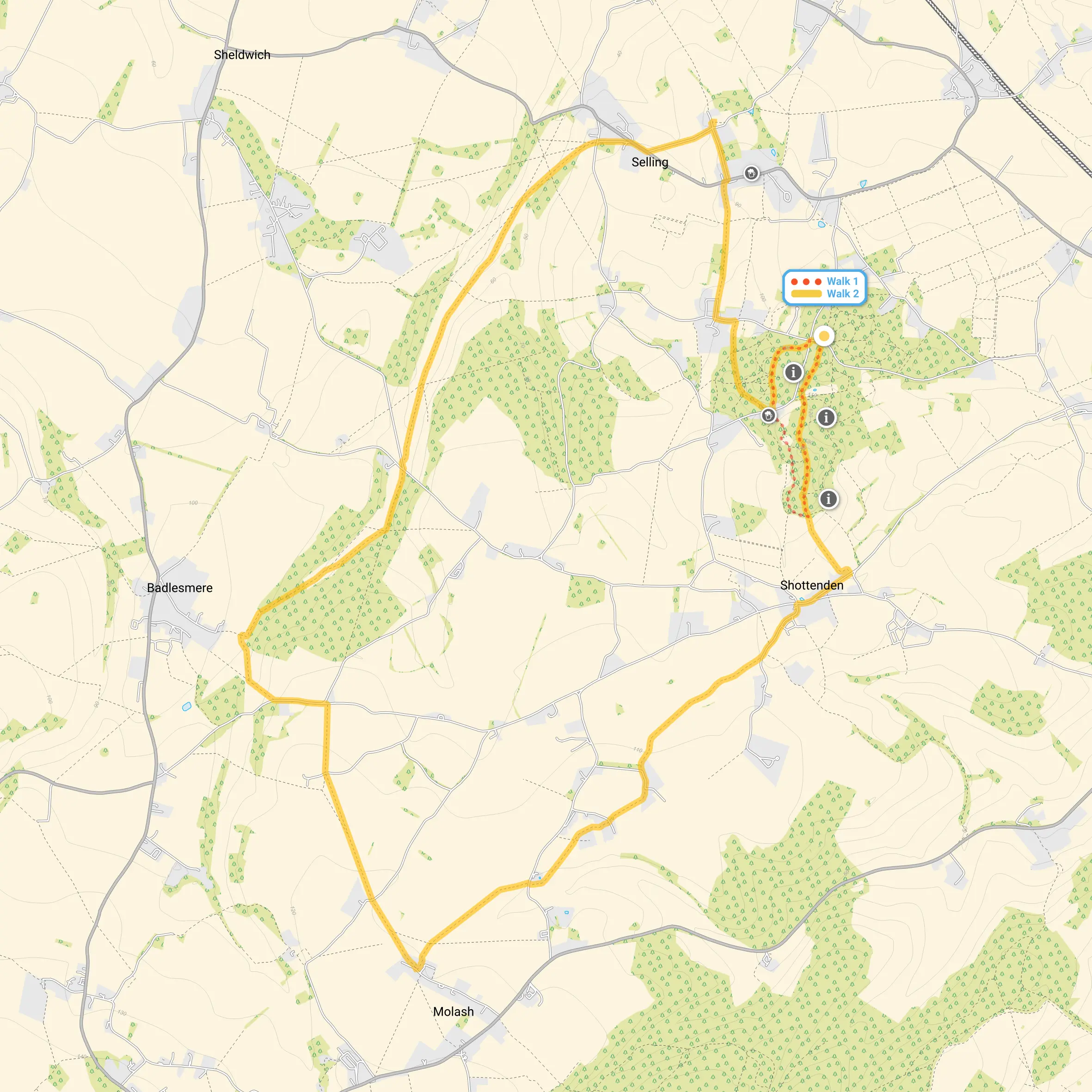 Route map for Perry Wood Walk 1, a 1.5 mile circular walk in Kent