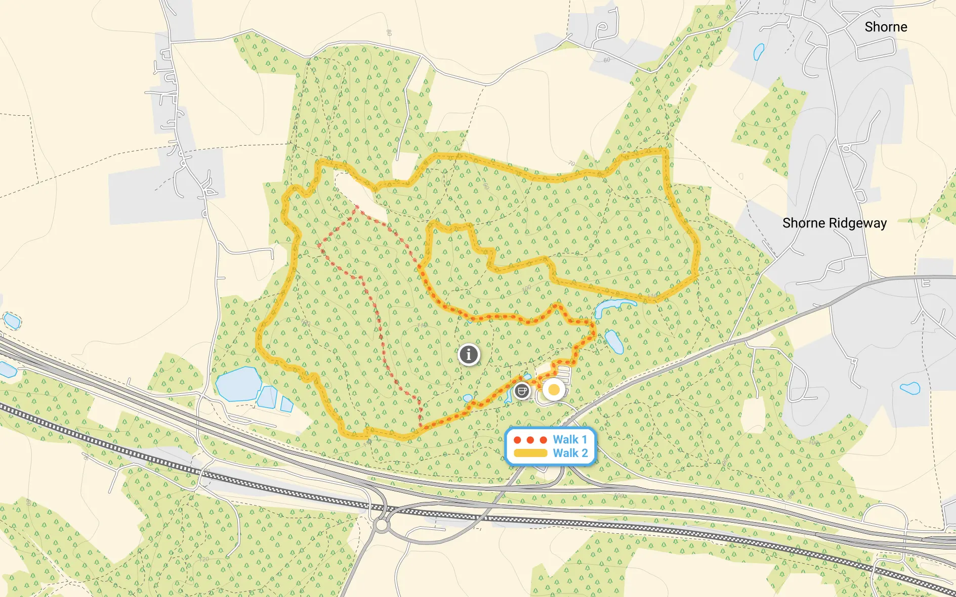 Route map for Shorne Woods Country Park Walk 1, a 1.5 mile circular walk in Kent
