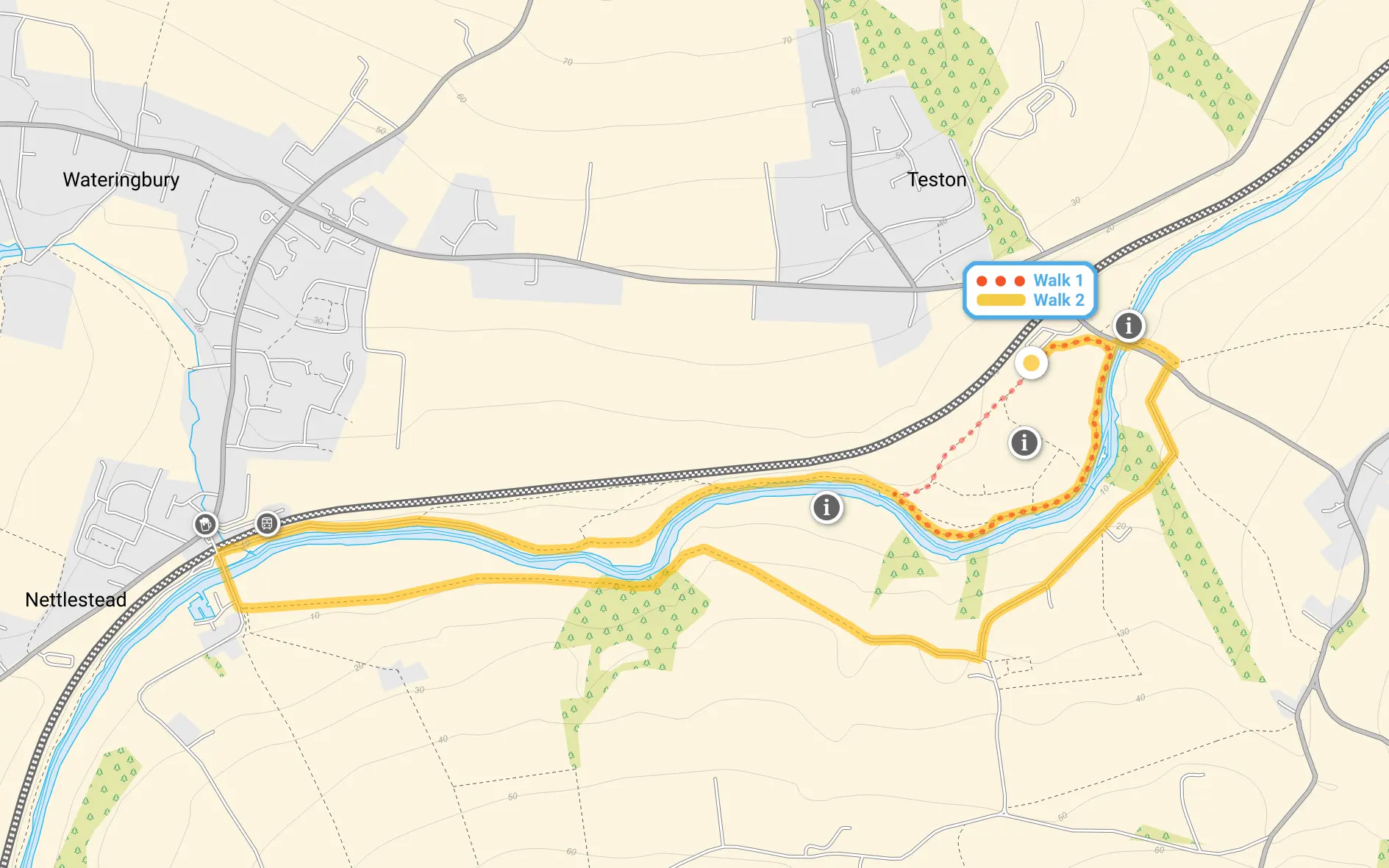 Route map for Teston Bridge Walk 1, a 0.75 mile circular walk in Kent