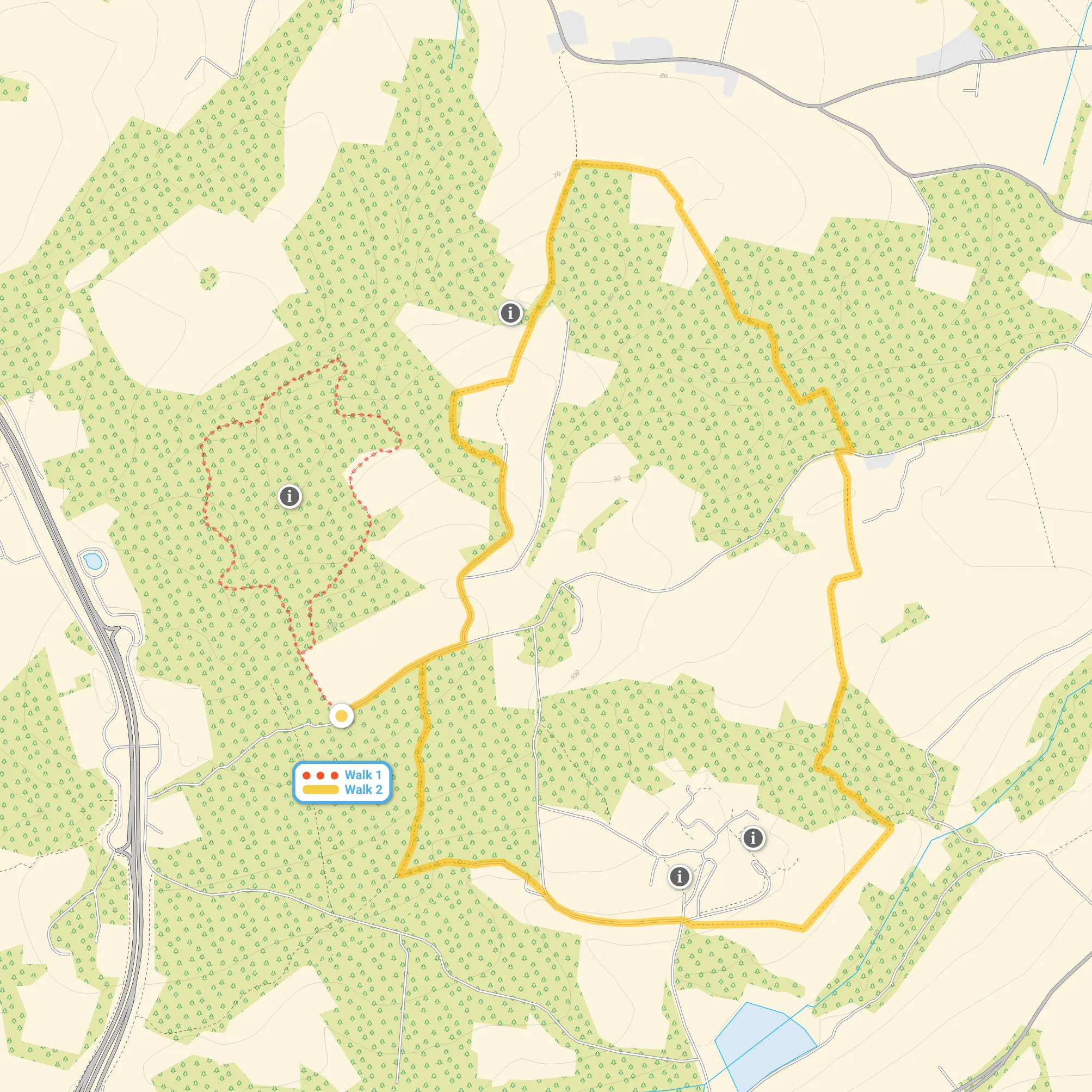 Route map for Tudeley Woods Walk 1, a 1.5 mile circular walk in Kent