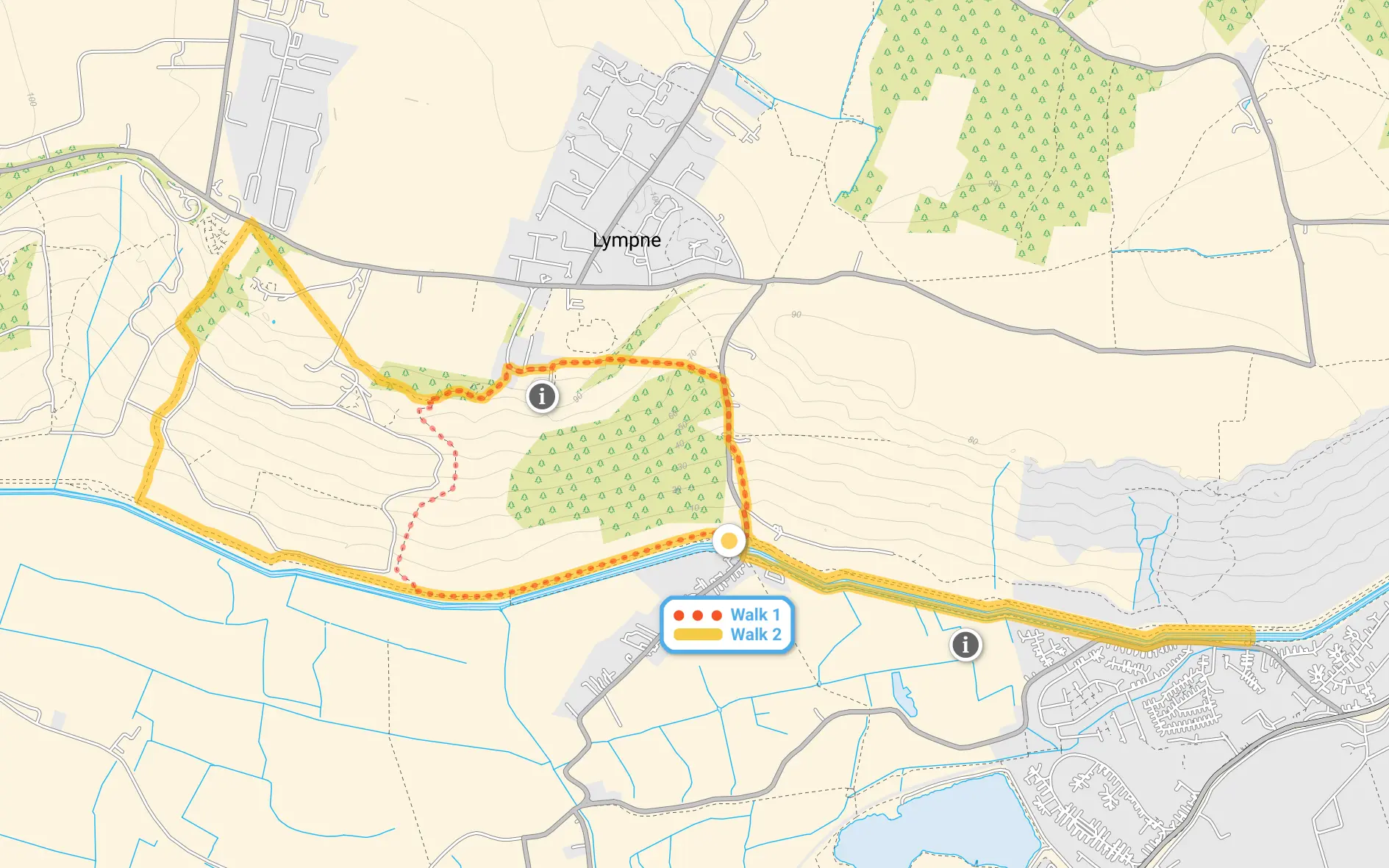 Route map for West Hythe Walk 1, a 2.75 mile circular walk in Kent