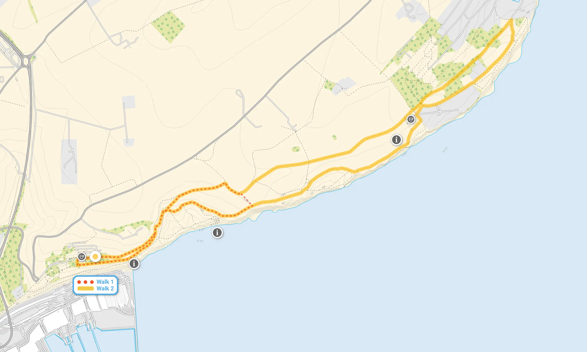 Route map for White Cliffs Walk 1, a 2 mile circular walk in Kent