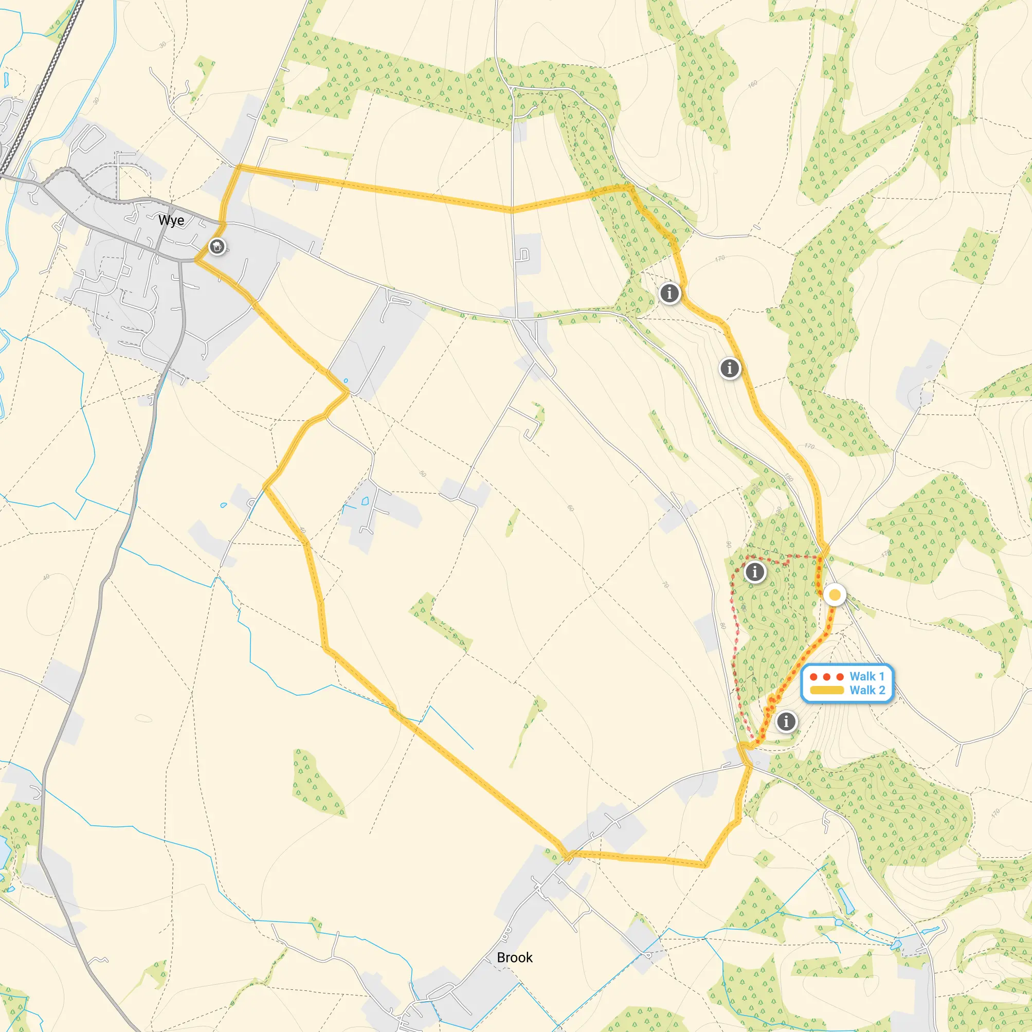 Route map for Wye Downs Walk 1, a 1.25 mile circular walk in Kent