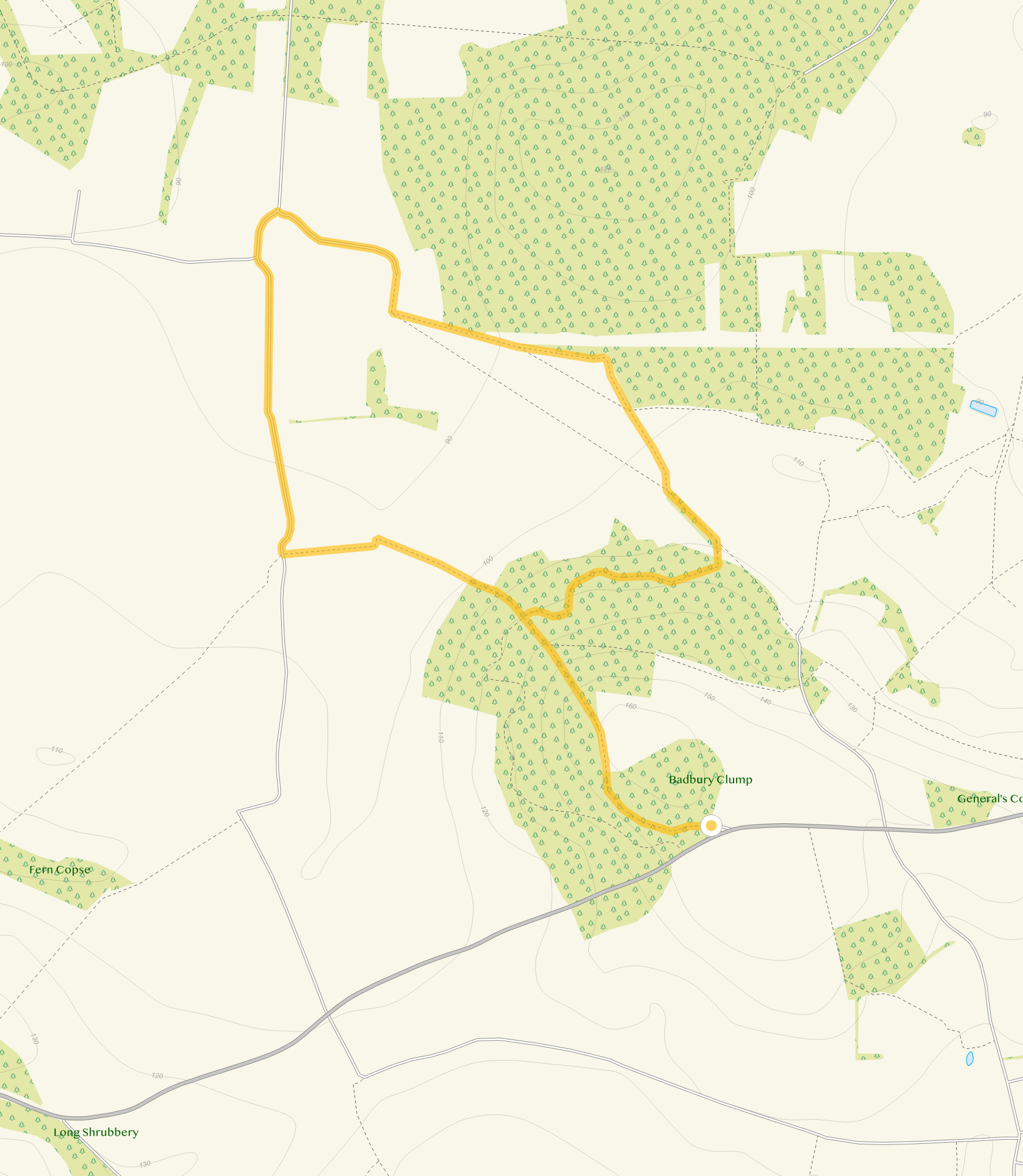 Route map for Badbury Hill Walk 1, a 3 mile circular walk in Oxfordshire