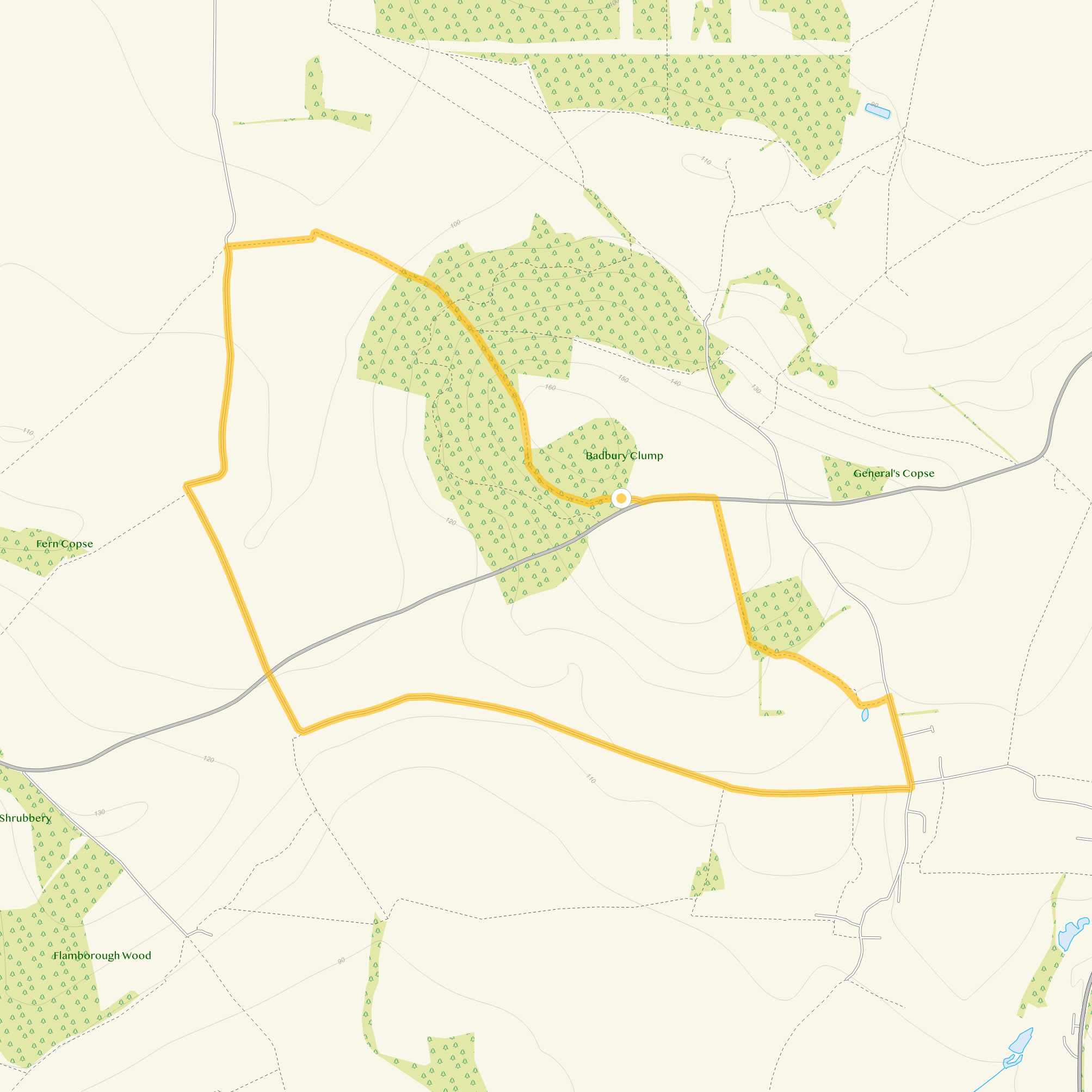Route map for Badbury Hill Walk 2, a 3.75 mile circular walk in Oxfordshire