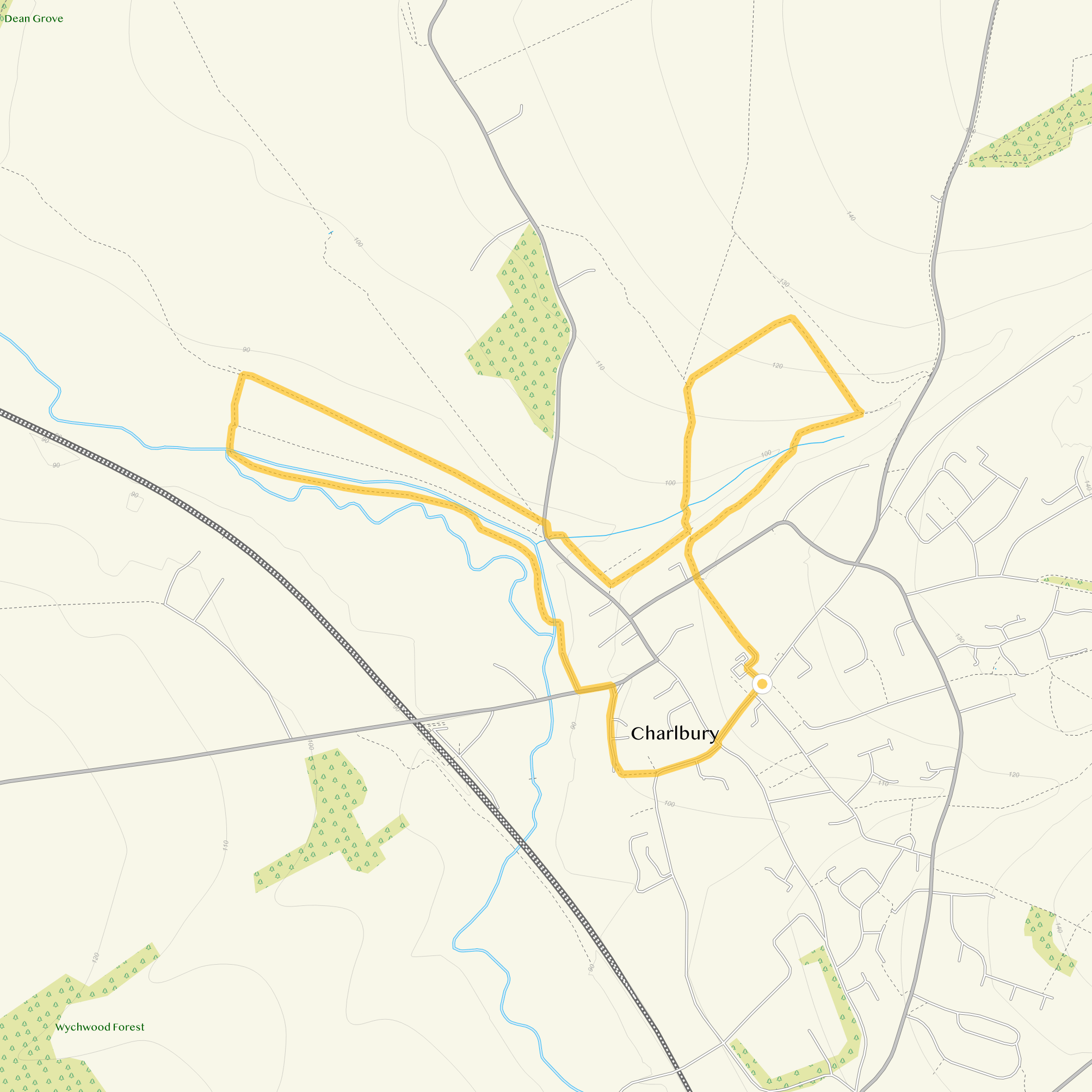 Route map for Charlbury Walk 1, a 2.5 mile circular walk in Oxfordshire