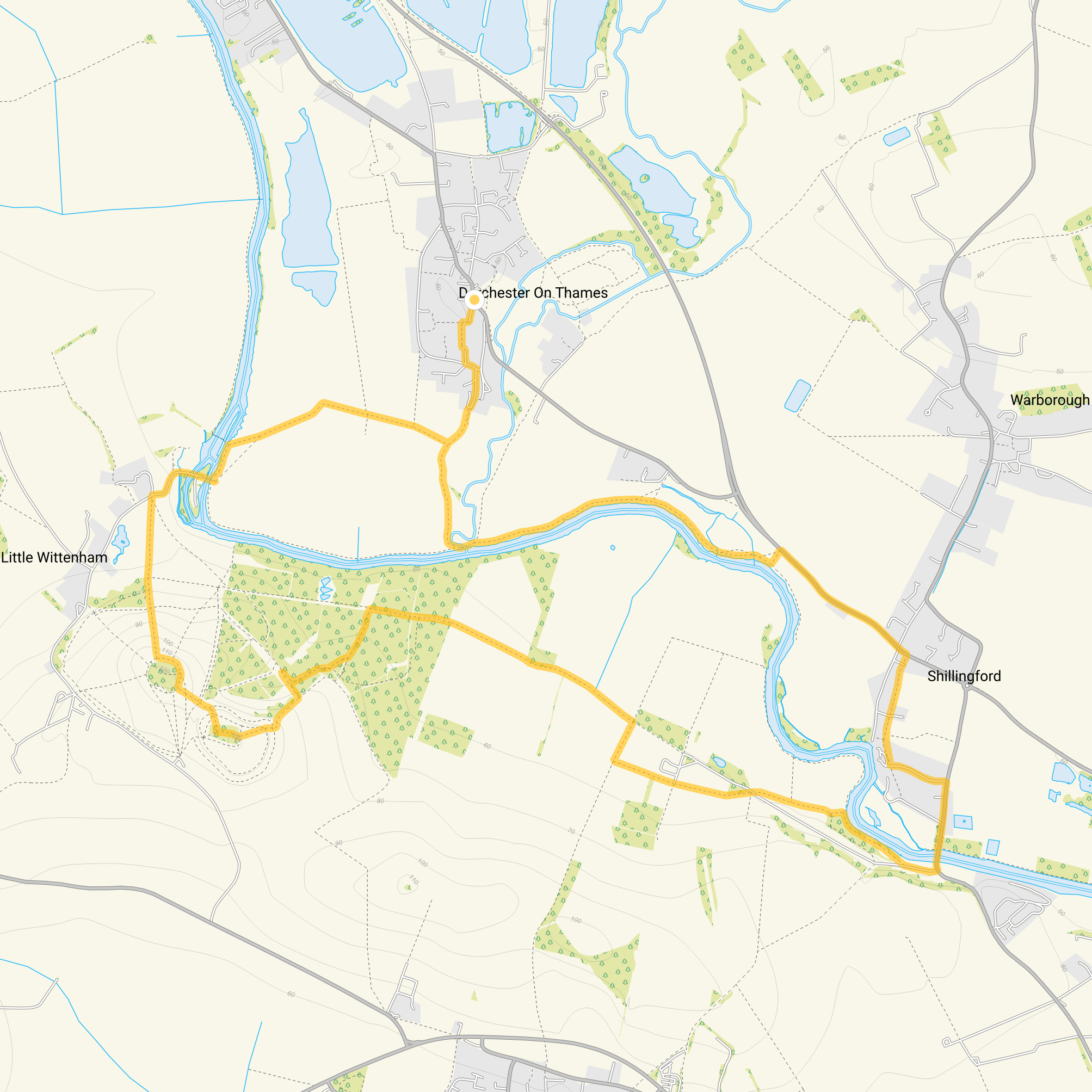 Route map for Dorchester-on-Thames Walk 2, a 6.75 mile circular walk in Oxfordshire