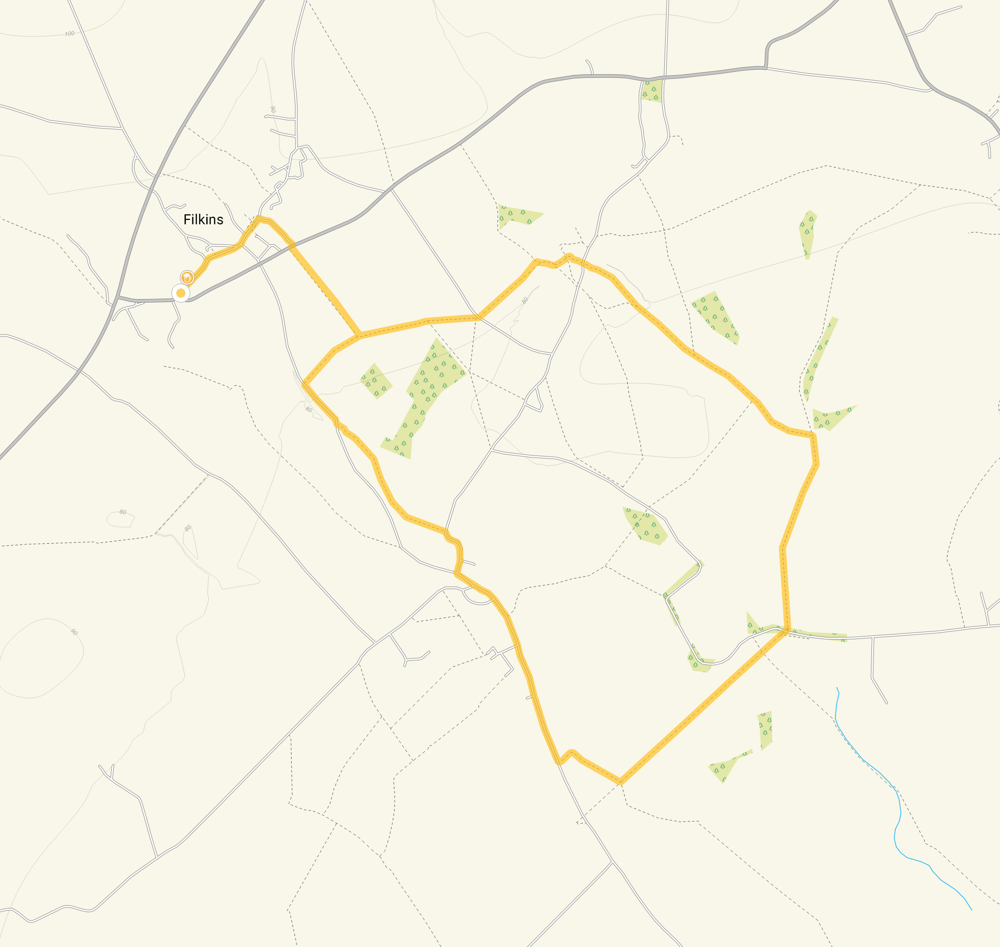 Route map for Filkins Walk, a 5.5 mile circular walk in Oxfordshire