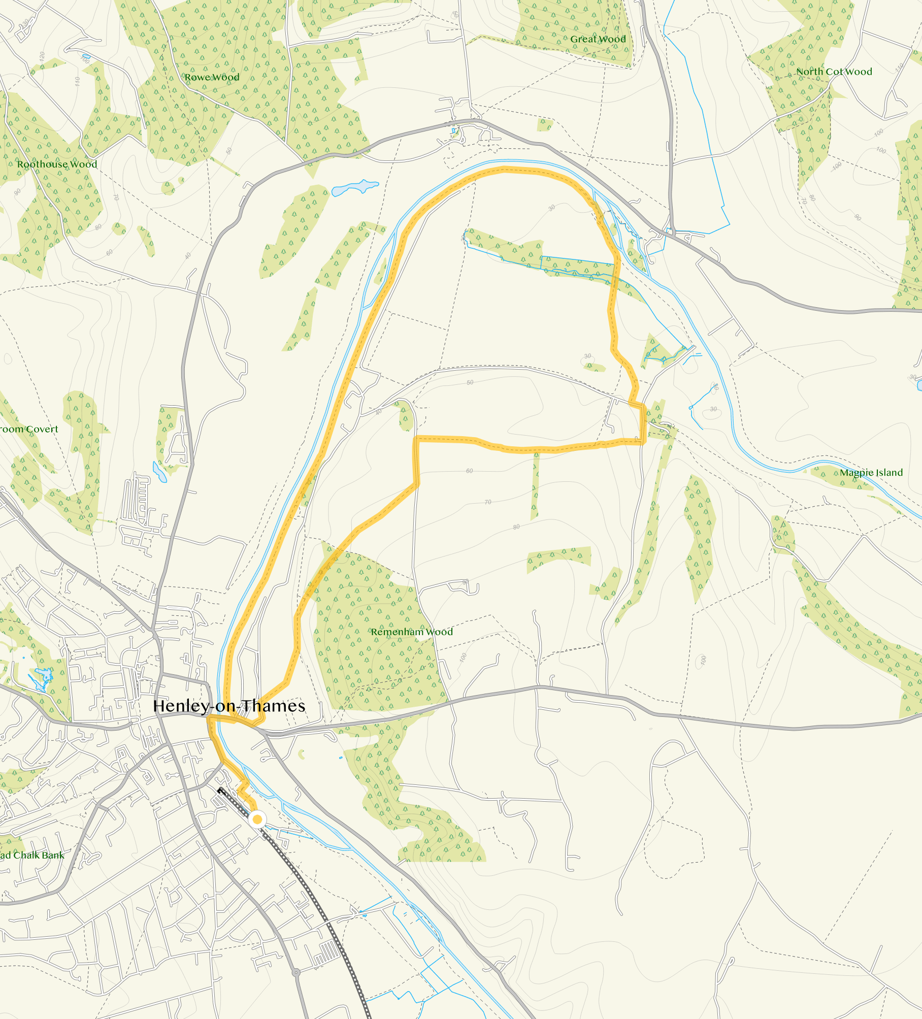 Route map for Henley River Thames and Hambleden Lock Walk, a 5.75 mile circular walk in Oxfordshire