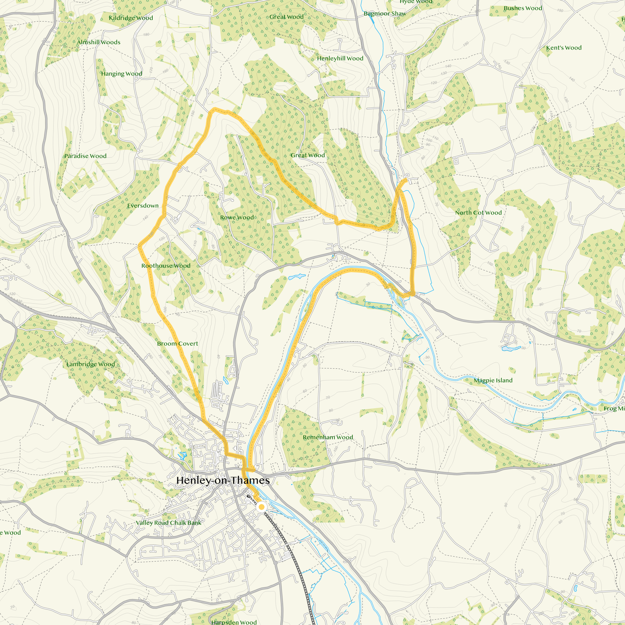 Route map for Henley Adventure Walk, a 10.5 mile circular walk in Oxfordshire