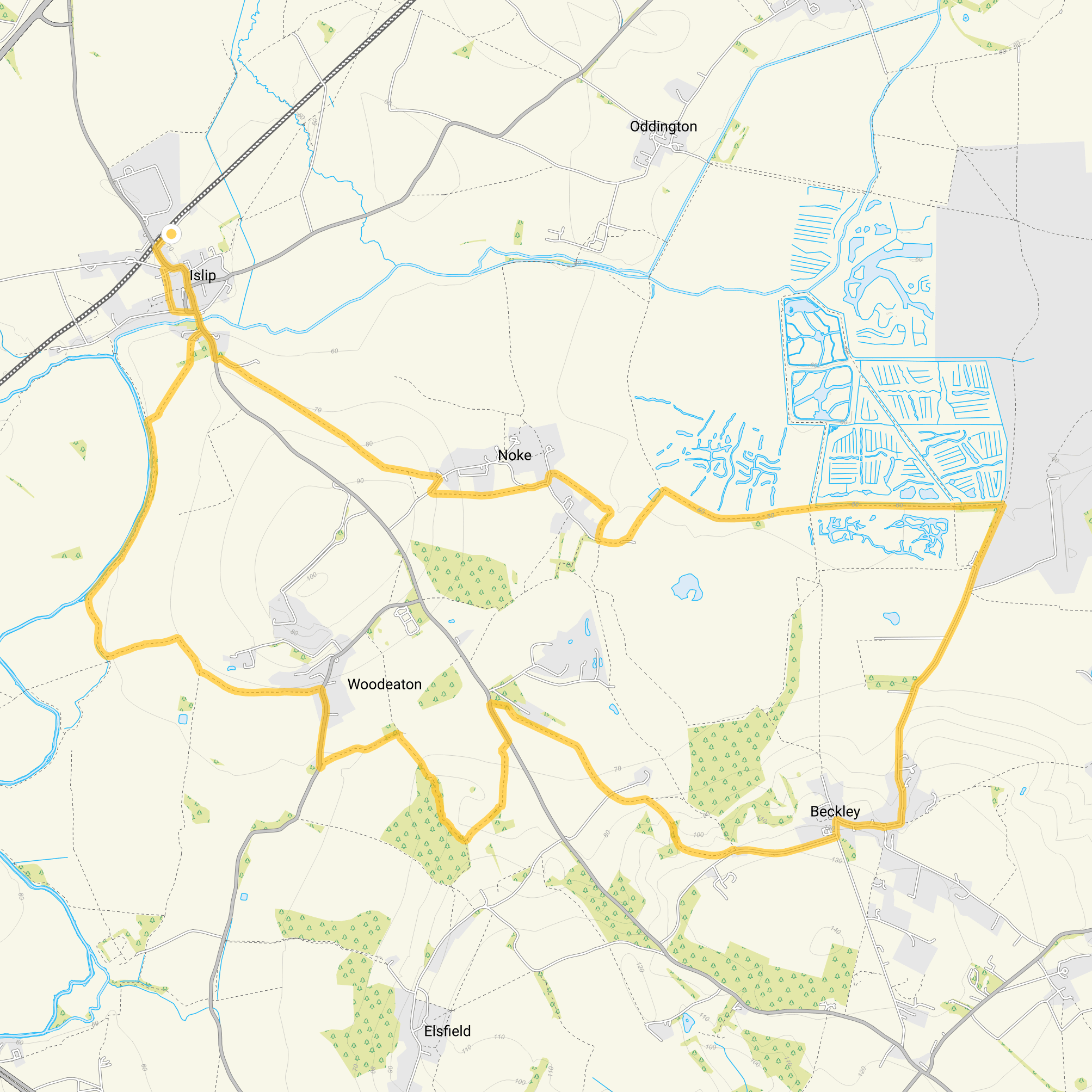 Route map for Islip Walk, a 10.75 mile circular walk in Oxfordshire