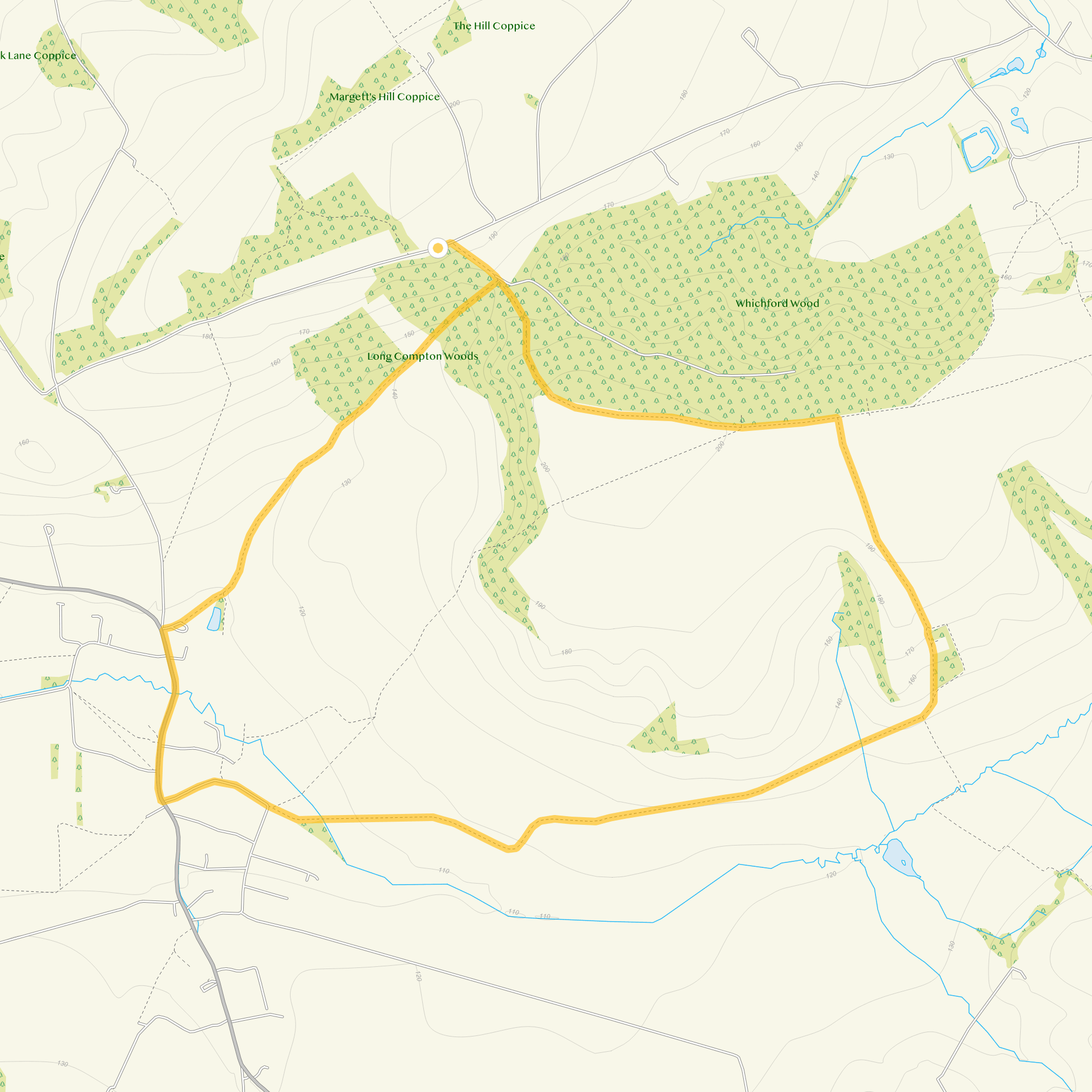 Route map for Long Compton Woods Walk, a 4 mile circular walk in Oxfordshire