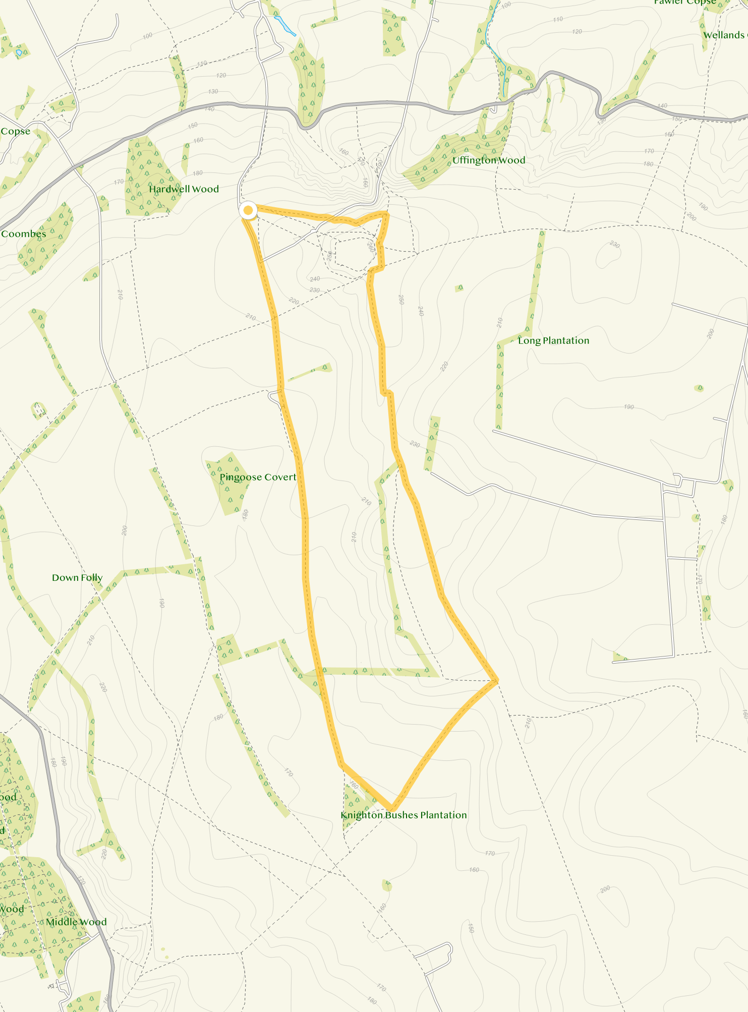 Route map for Uffington White Horse walk, a 5.5 mile circular walk in Oxfordshire