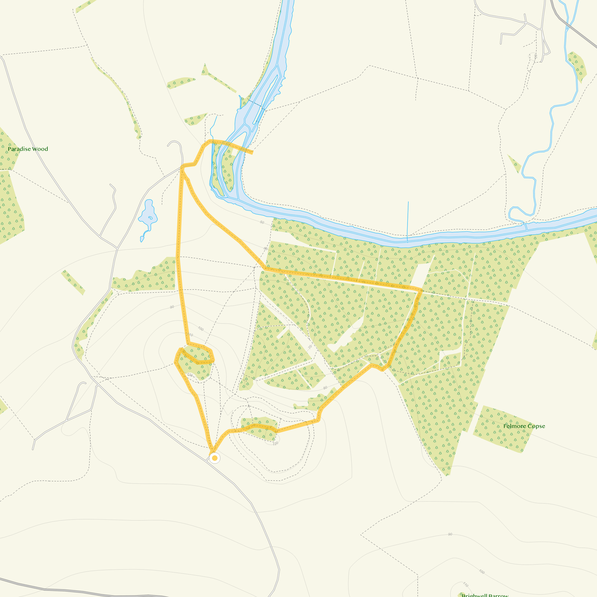Route map for Wittenham Clumps Walk 2, a 2 mile circular walk in Oxfordshire