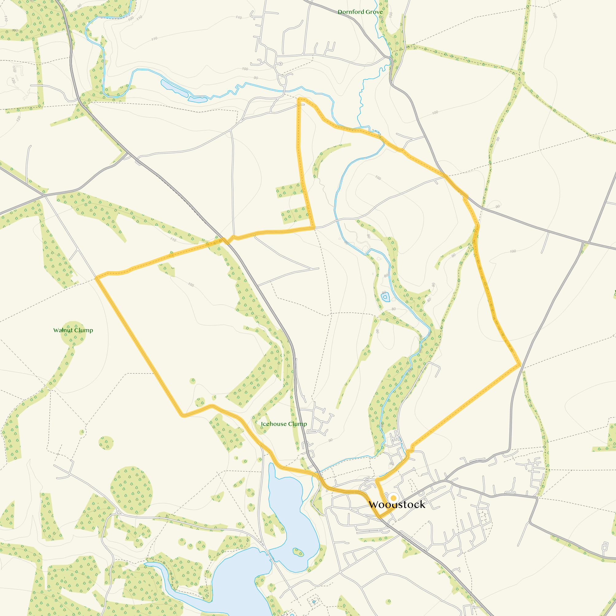 Route map for Woodstock Walk 1, a 6 mile circular walk in Oxfordshire