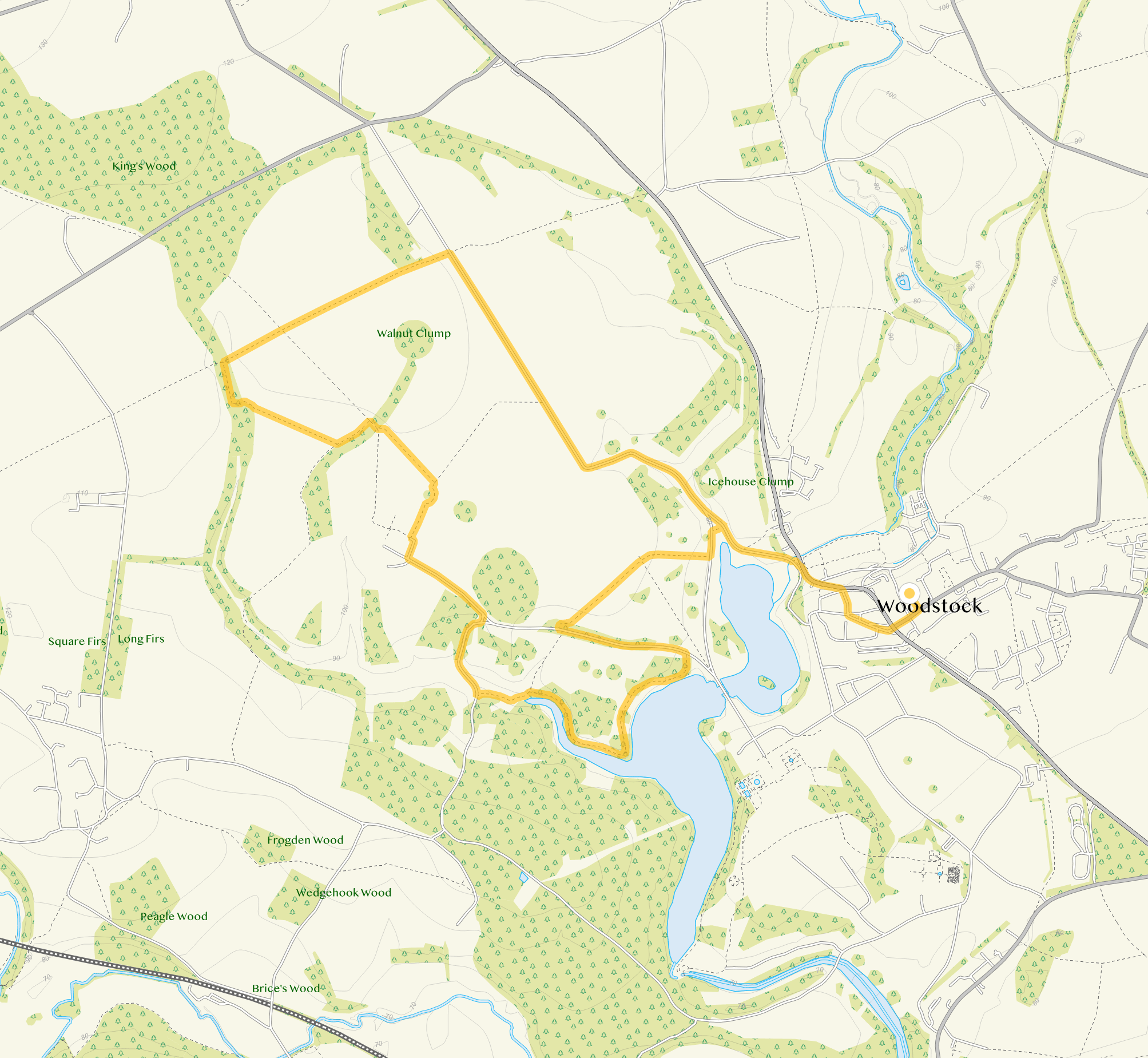 Route map for Woodstock Walk 2, a 6.5 mile circular walk in Oxfordshire