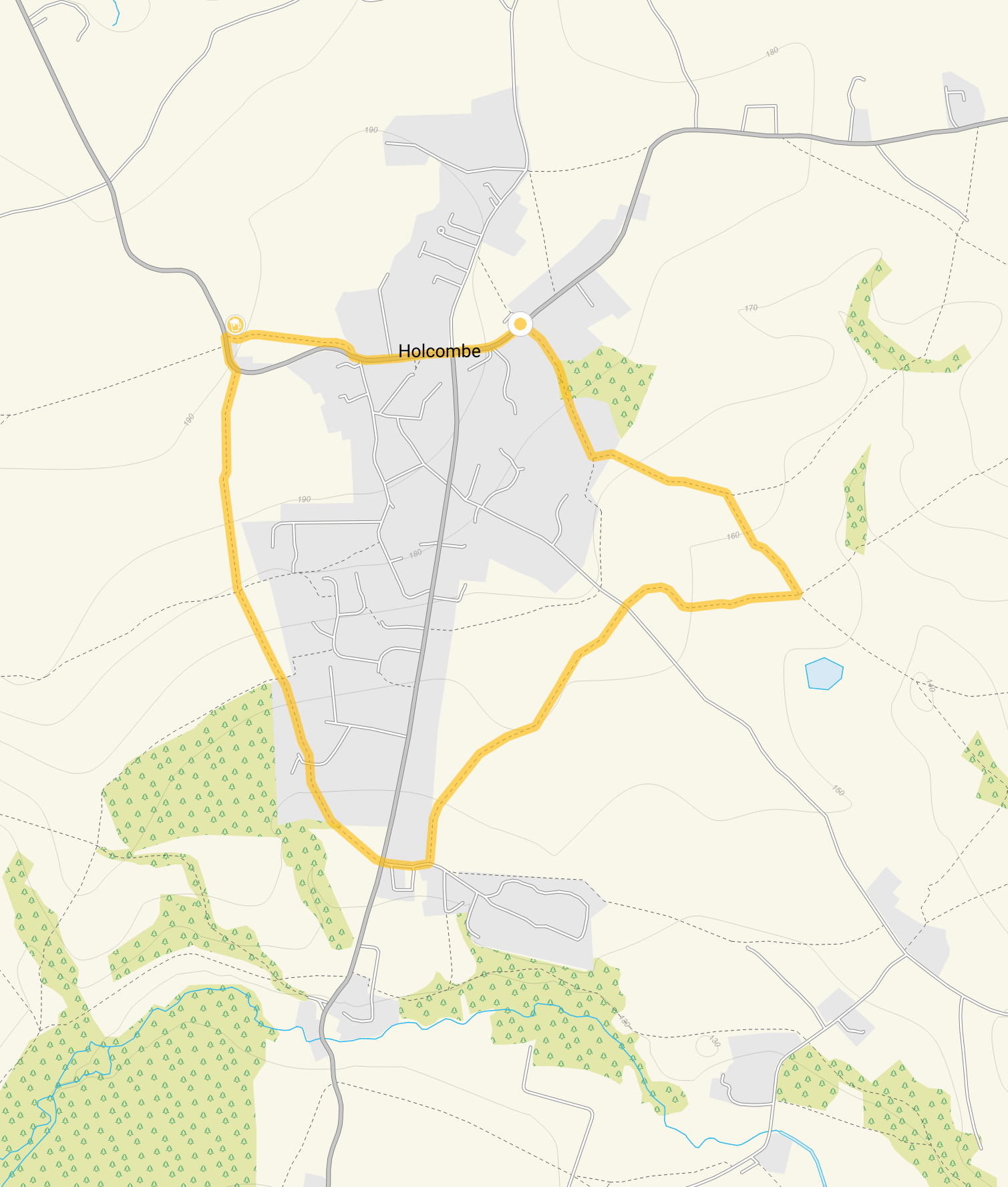 Route map for Holcombe Walk 1, a 1.75 mile circular walk in Somerset