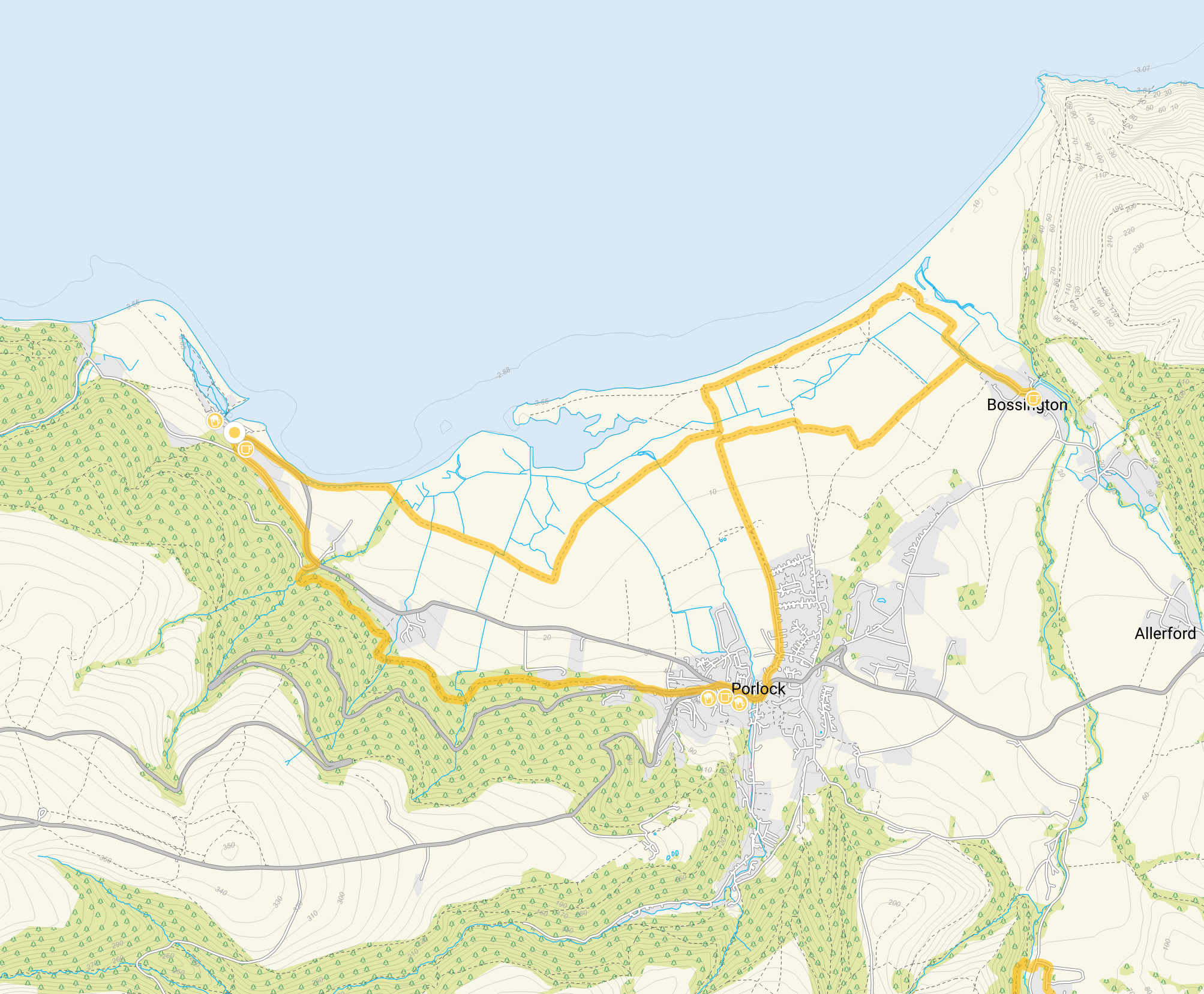 Route map for Porlock Weir Walk 2, a 6.5 mile circular walk in Somerset