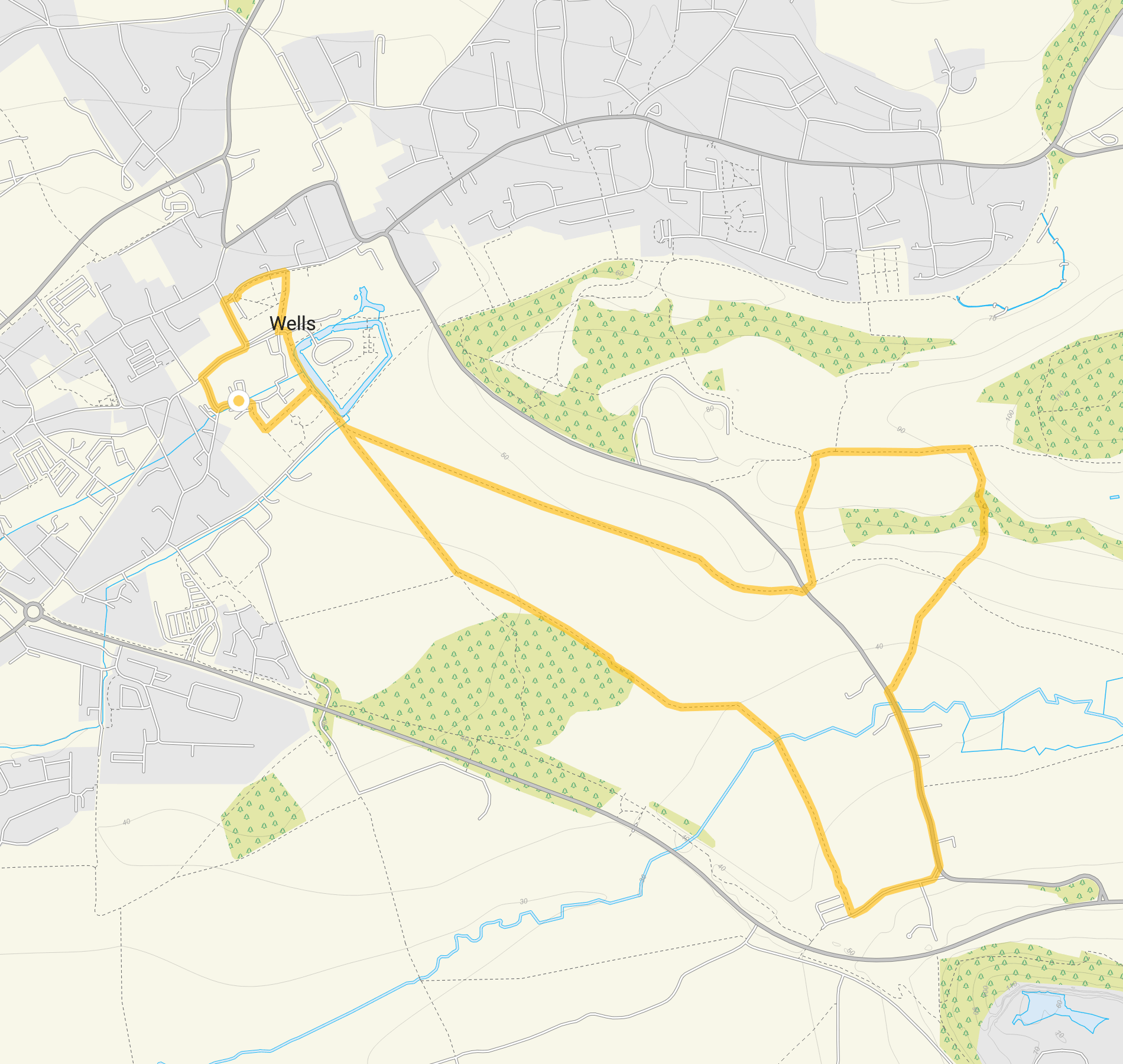 Route map for Wells Cathedral Walk 1, a 3.5 mile circular walk in Somerset