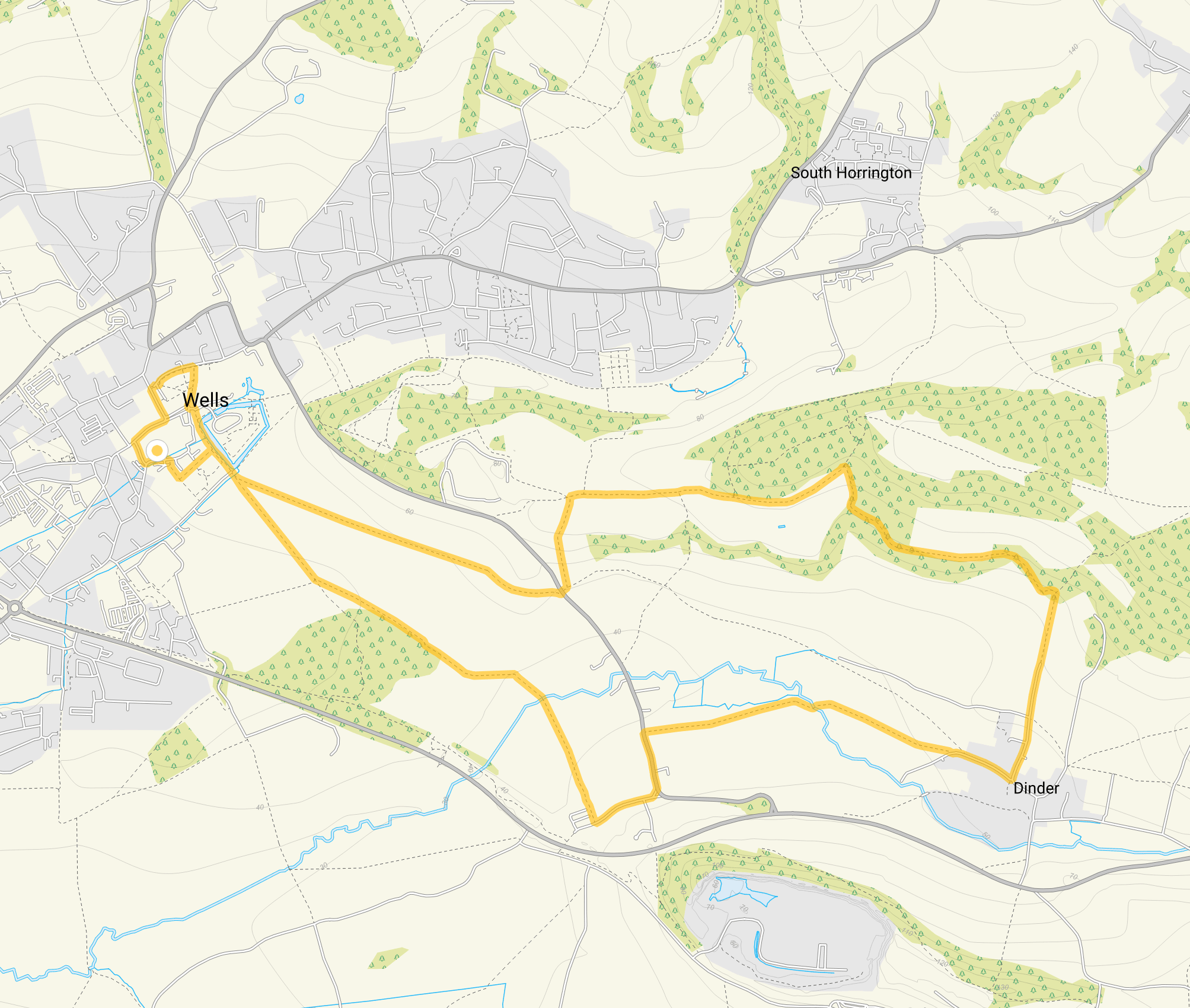 Route map for Wells Cathedral Walk 2, a 4.75 mile circular walk in Somerset