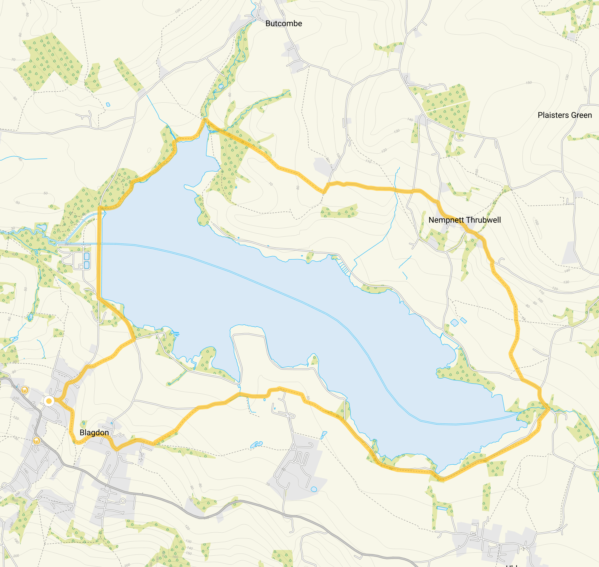 Route map for Blagdon & Yeo Valley Walk, a 5.75 mile circular walk in Somerset