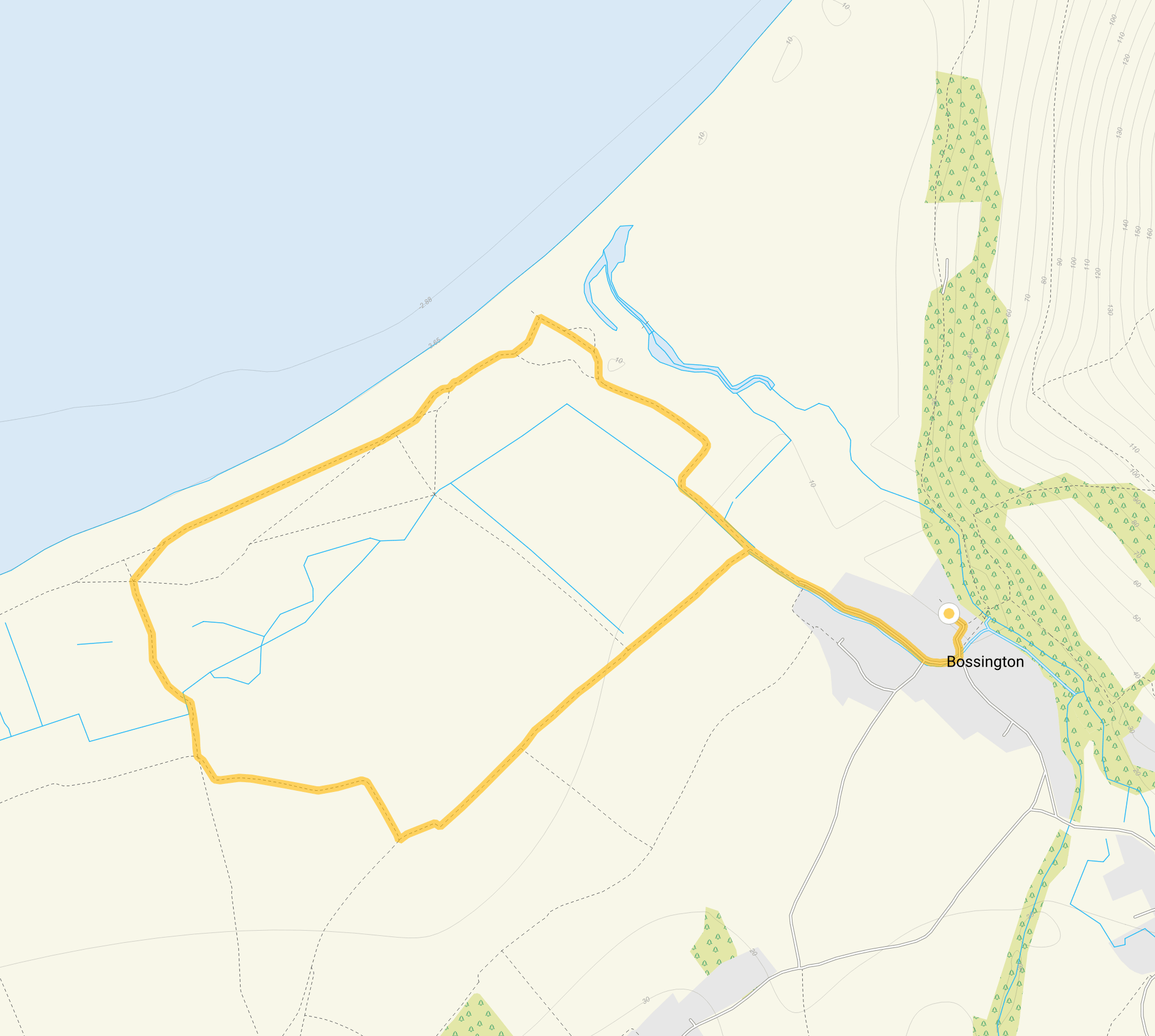 Route map for Bossington Walk 1, a 2 mile circular walk in Somerset